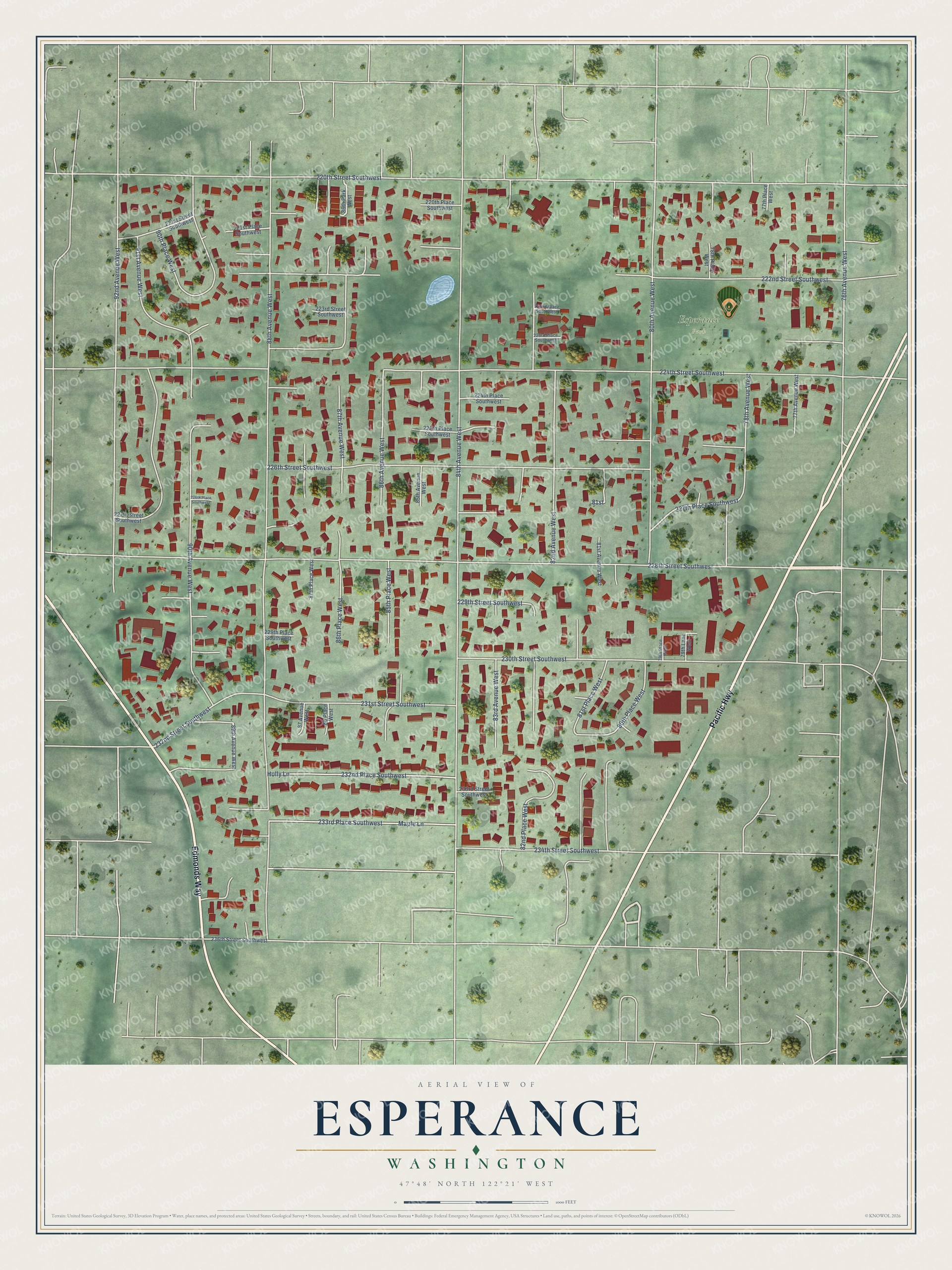 Full map of Esperance, Washington, with red buildings, printed street names and the land around them