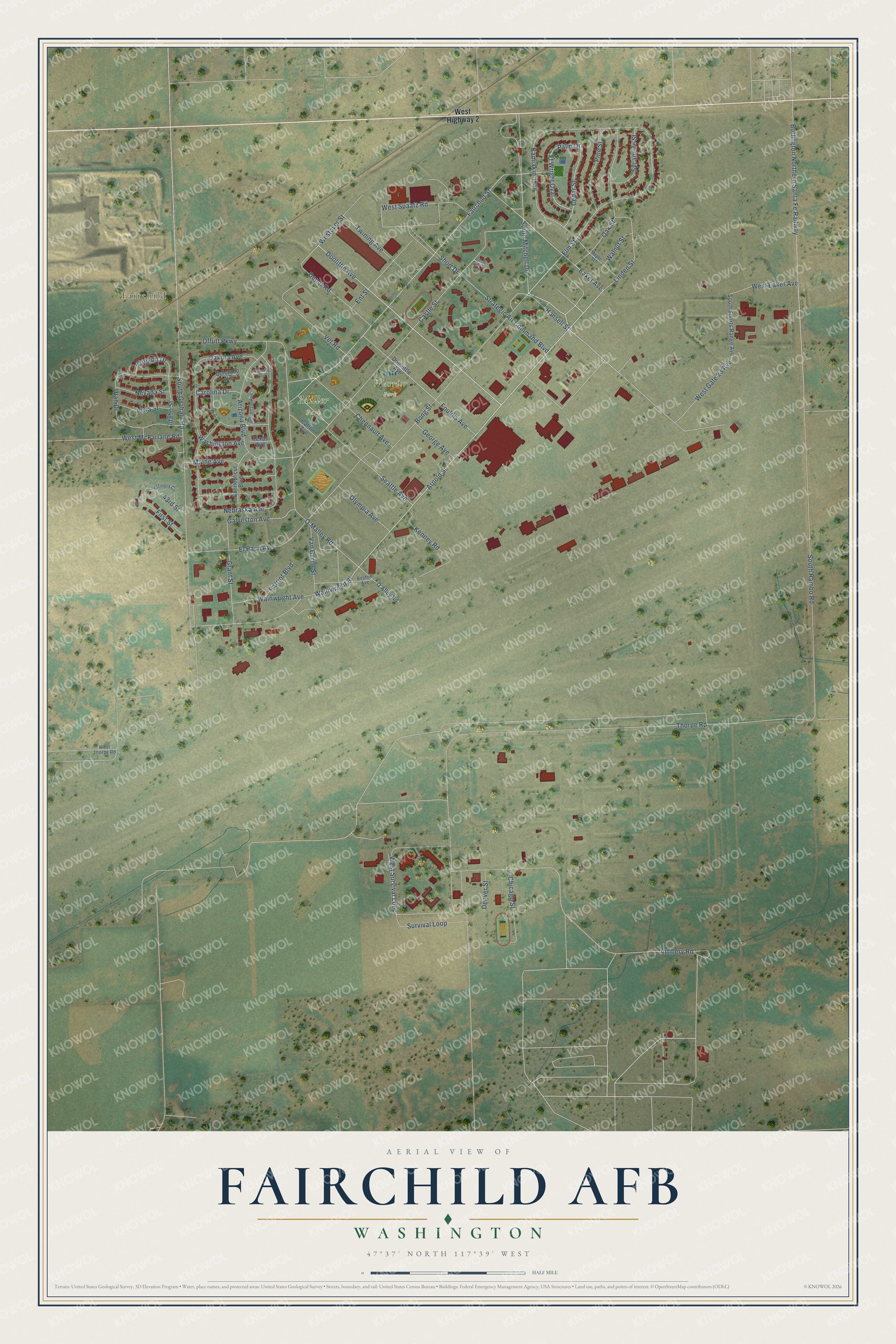 Full map of Fairchild AFB, Washington, with red buildings, printed street names and the land around them