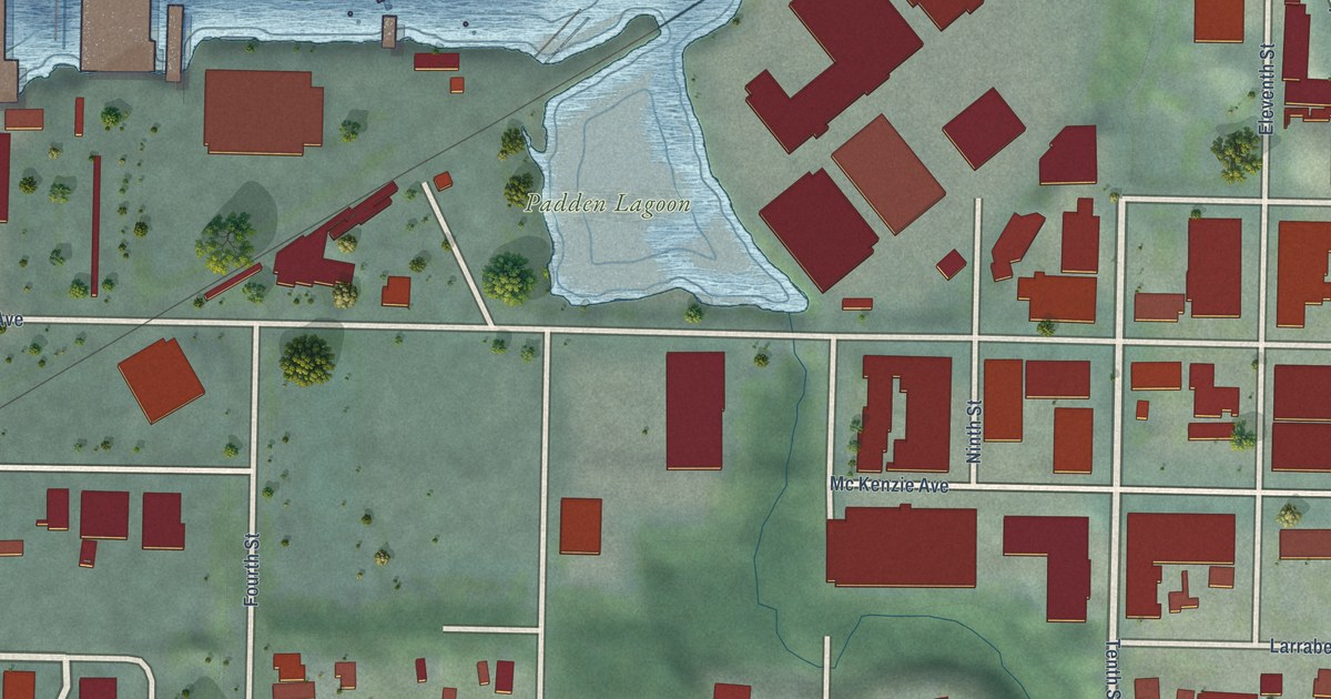 Close-up of streets and buildings in Fairhaven, Washington