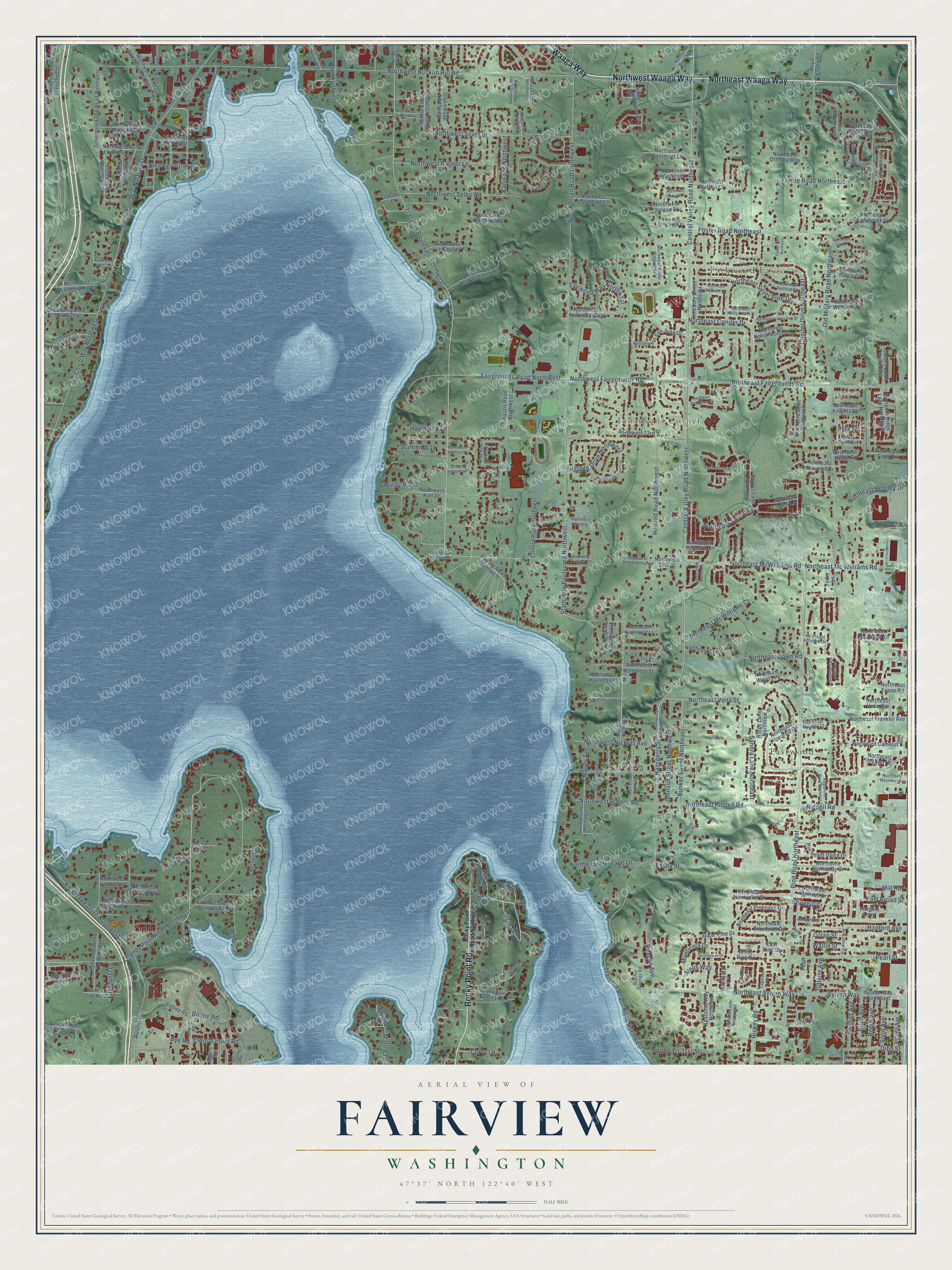 Full map of Fairview, Washington, with red buildings, printed street names and the land around them