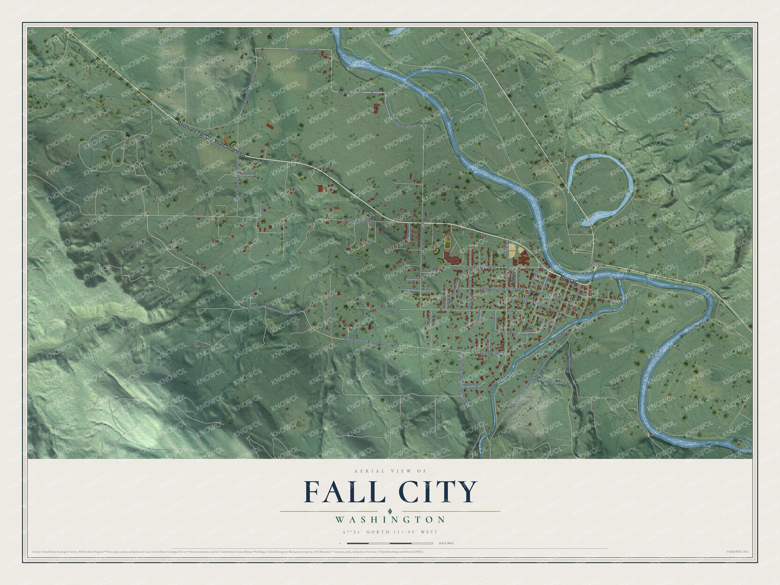 Full map of Fall City, Washington, with red buildings, printed street names and the land around them