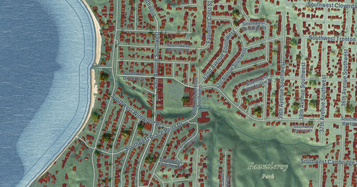 Close-up of streets and buildings in Fauntleroy, Washington