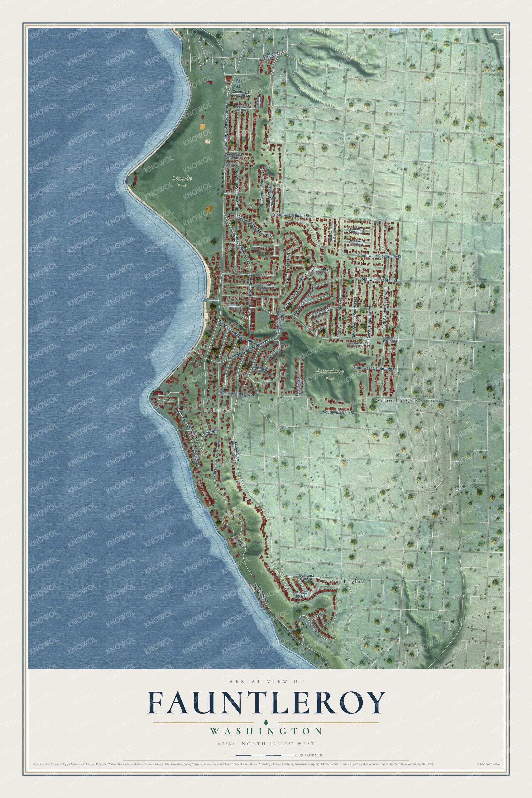 Full map of Fauntleroy, Washington, with red buildings, printed street names and the land around them