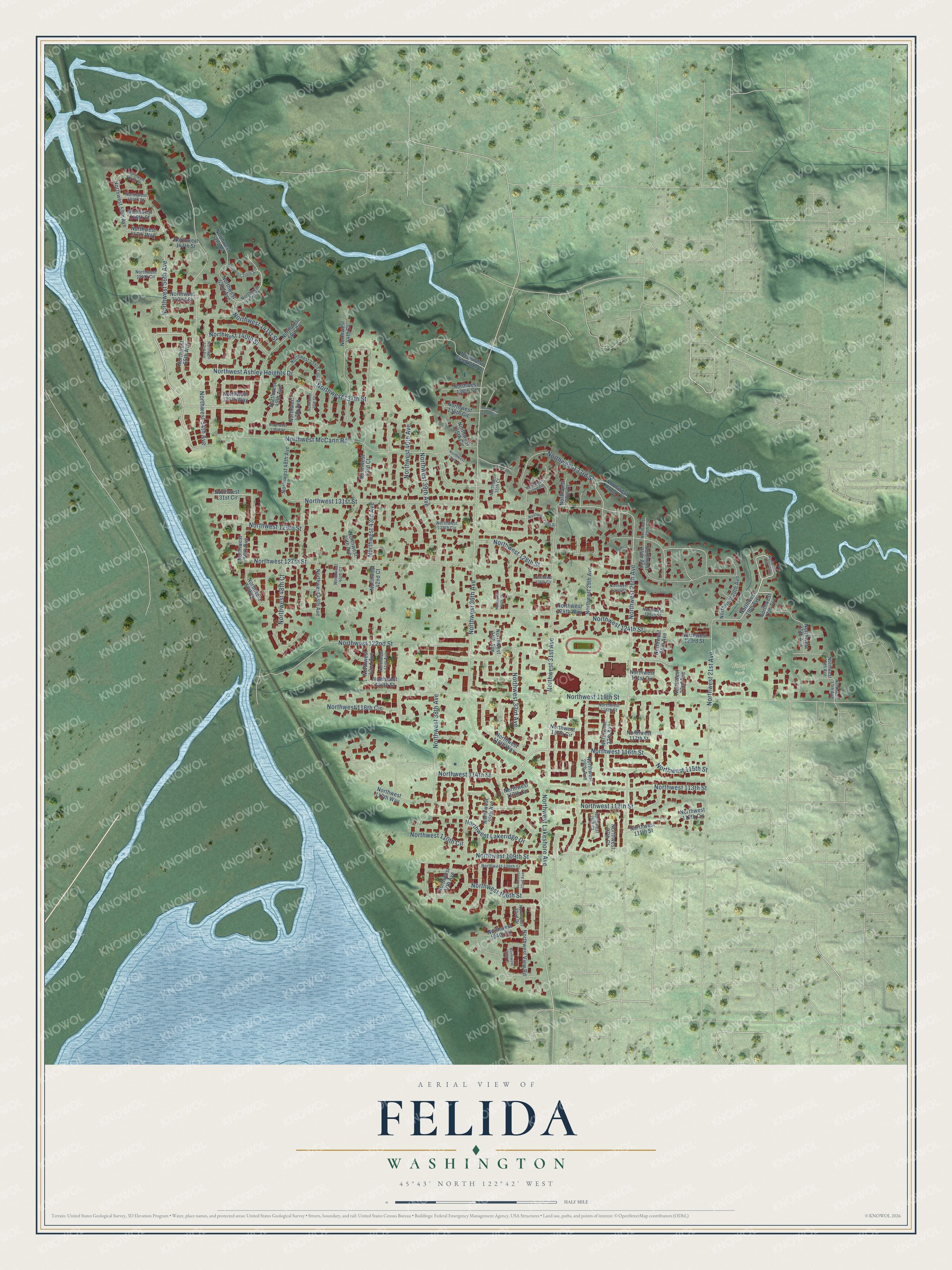 Full map of Felida, Washington, with red buildings, printed street names and the land around them