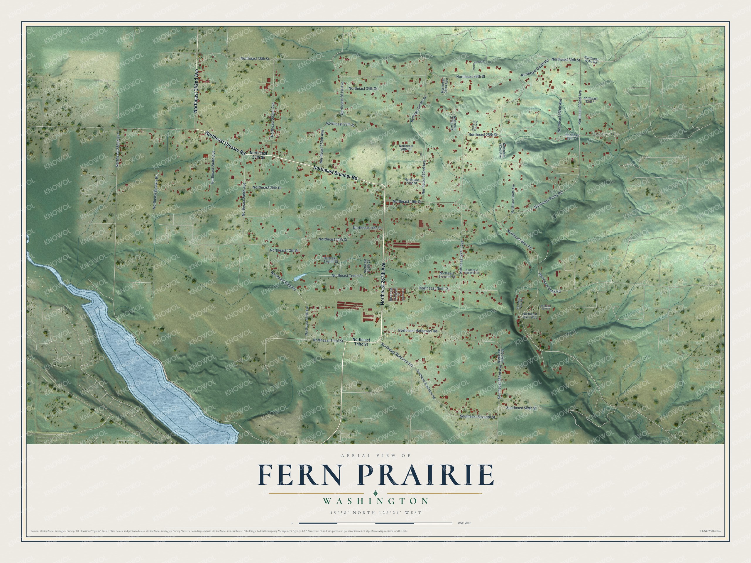 Full map of Fern Prairie, Washington, with red buildings, printed street names and the land around them