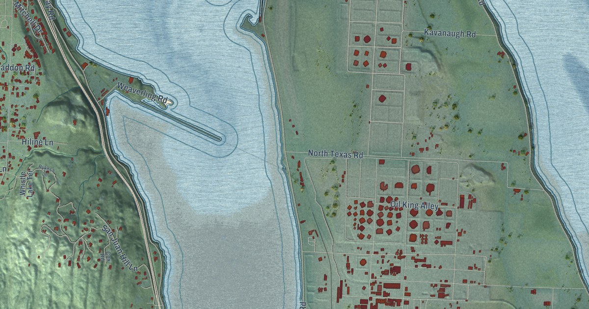 Close-up of streets and buildings in Fidalgo, Washington