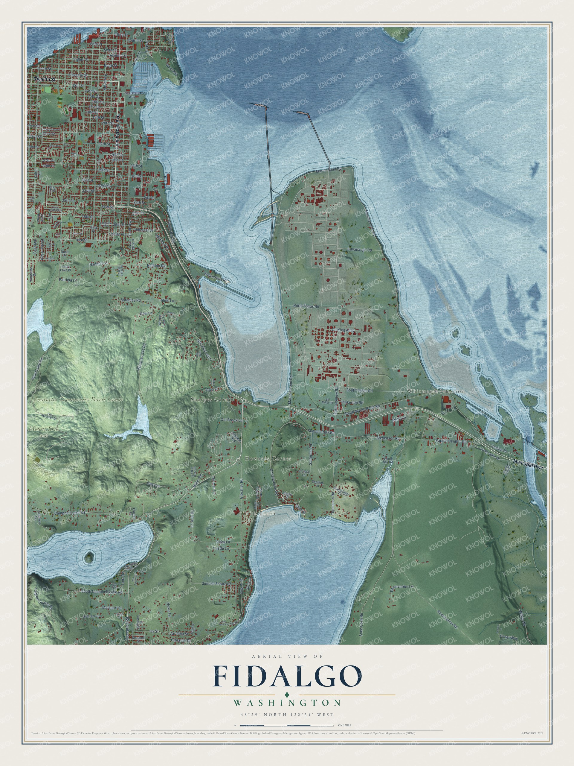 Full map of Fidalgo, Washington, with red buildings, printed street names and the land around them