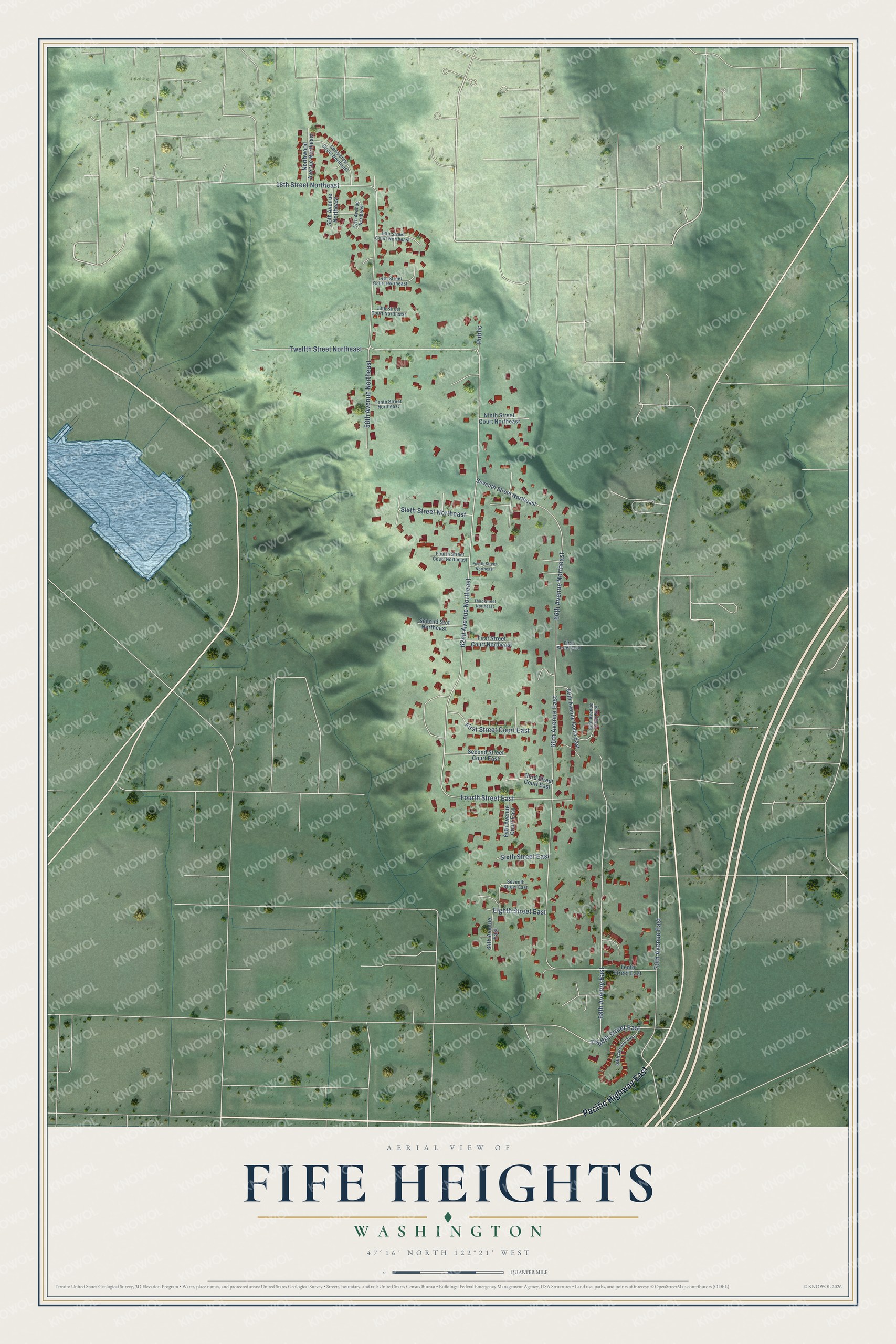 Full map of Fife Heights, Washington, with red buildings, printed street names and the land around them