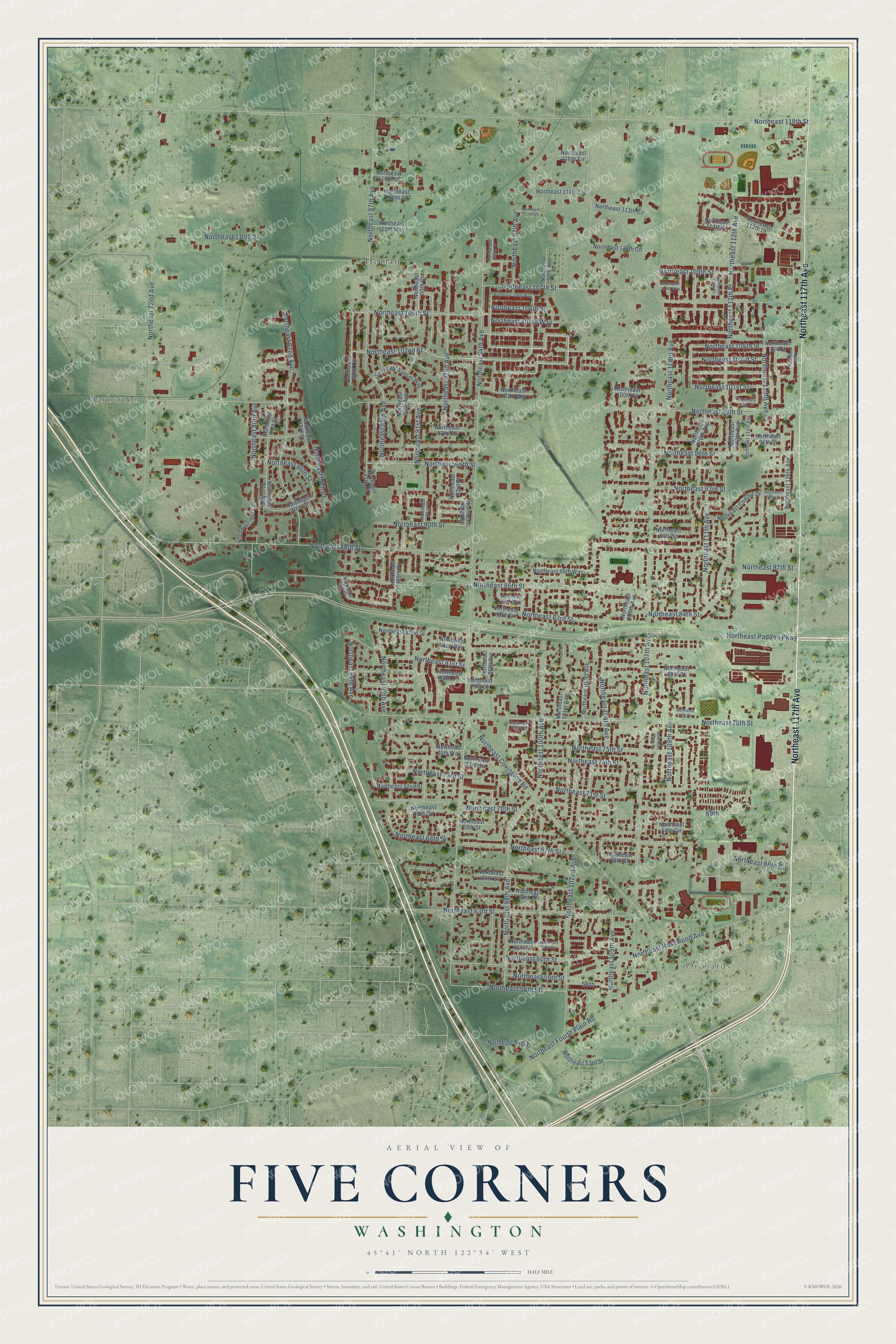 Full map of Five Corners, Washington, with red buildings, printed street names and the land around them