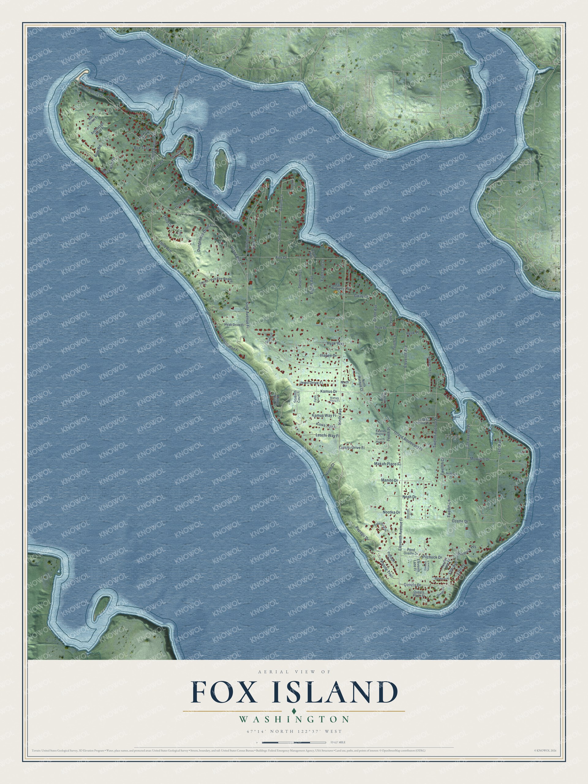 Watermarked full-map preview of Fox Island, Washington