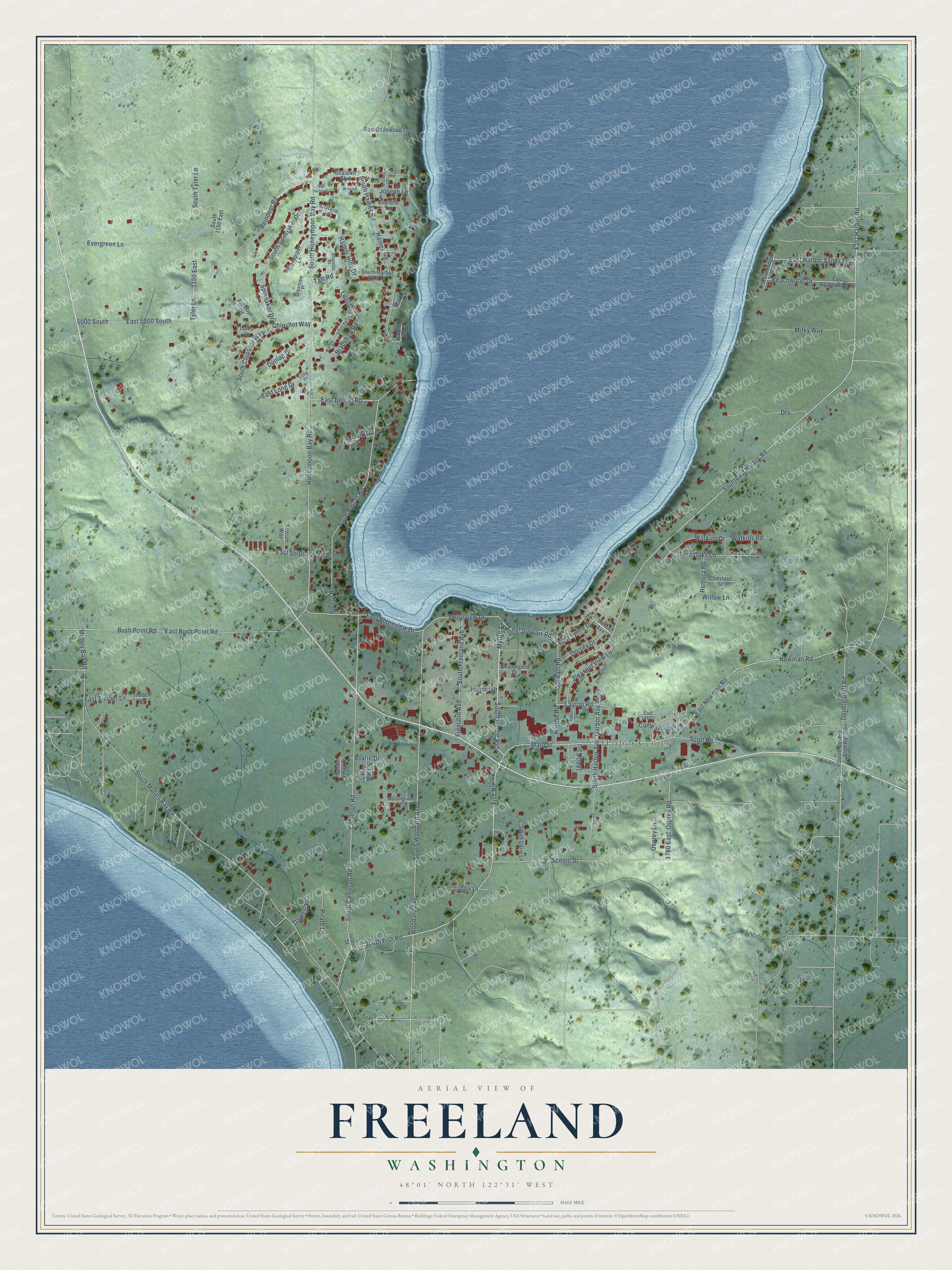 Full map of Freeland, Washington, with red buildings, printed street names and the land around them