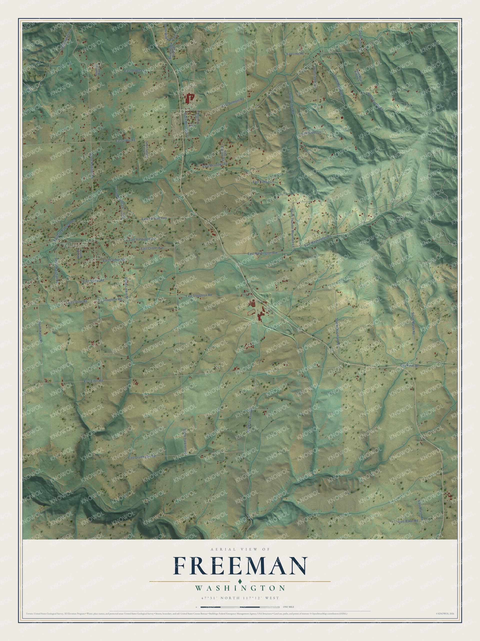 Full map of Freeman, Washington, with red buildings, printed street names and the land around them