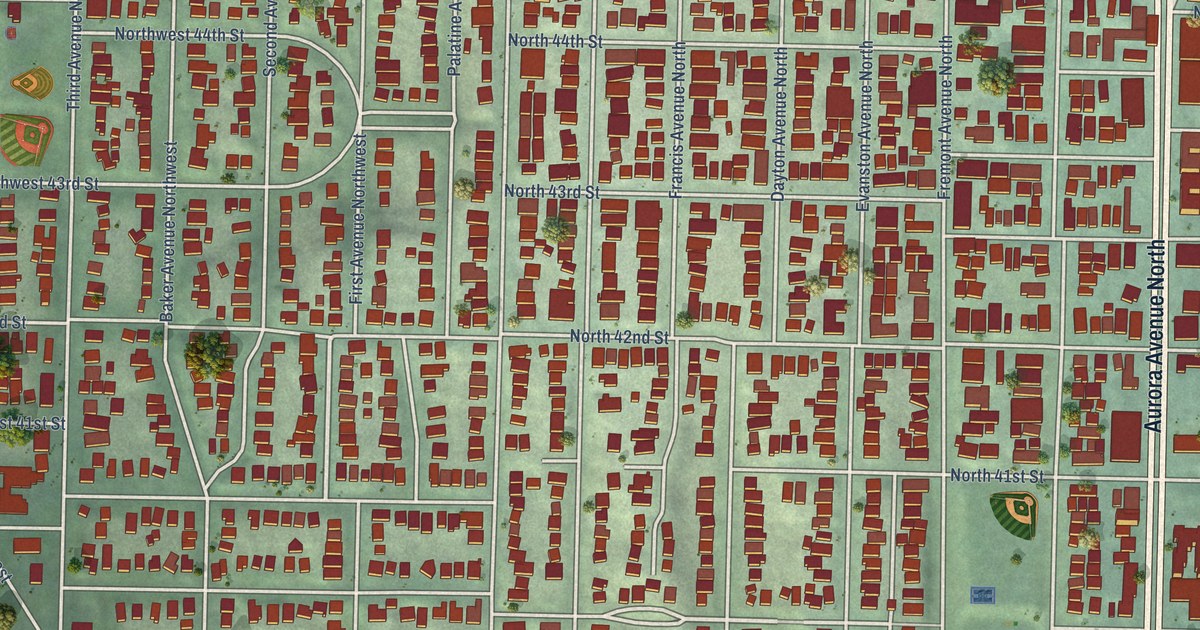 Close-up of streets and buildings in Fremont, Washington