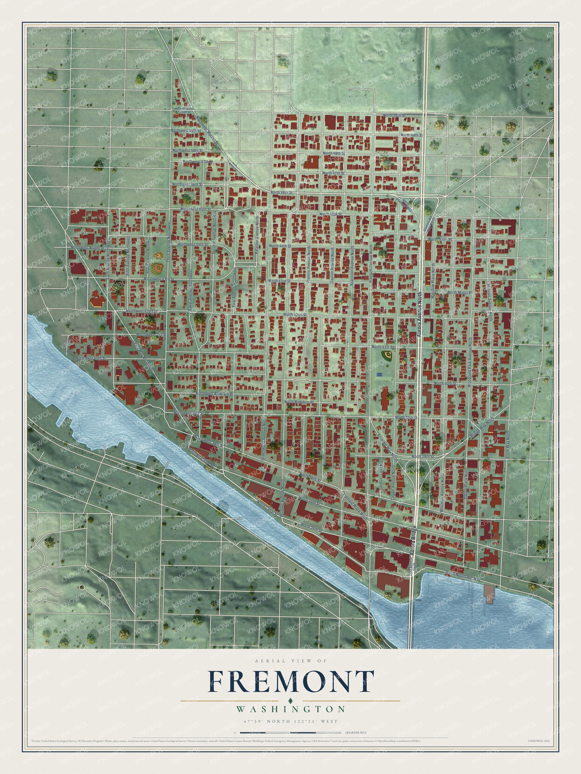 Full map of Fremont, Washington, with red buildings, printed street names and the land around them