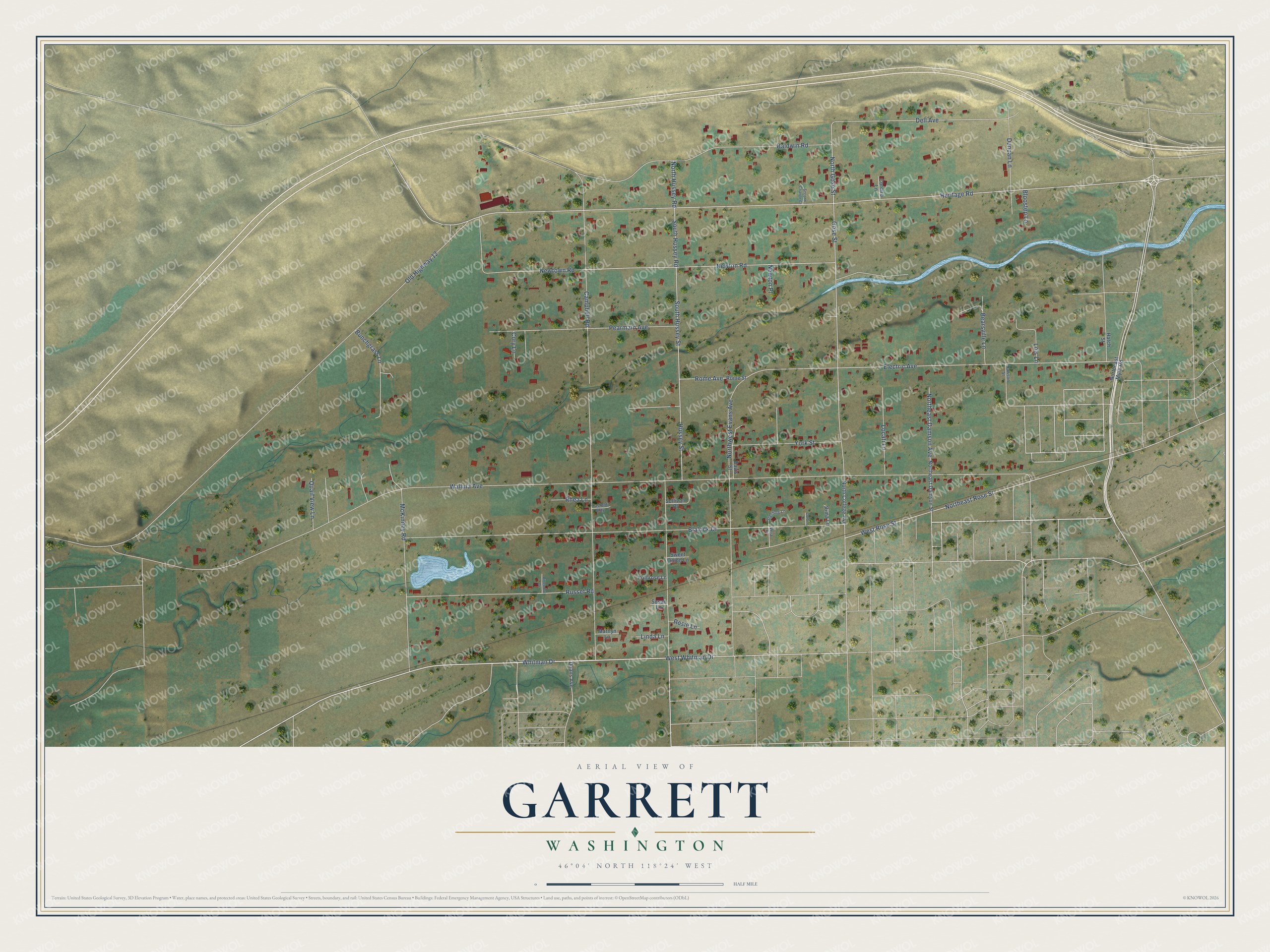 Full map of Garrett, Washington, with red buildings, printed street names and the land around them