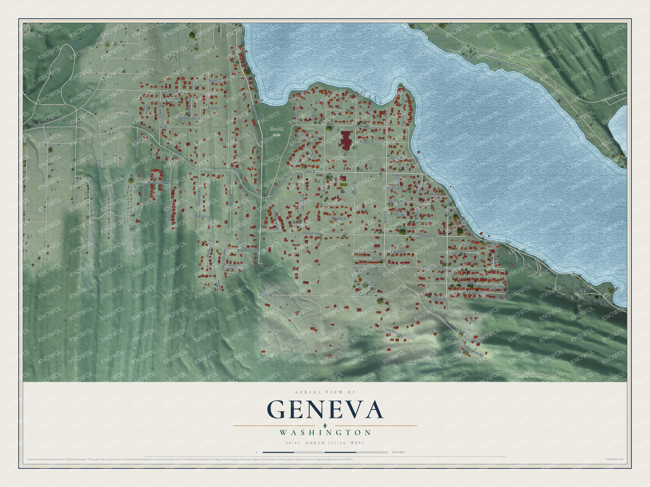 Full map of Geneva, Washington, with red buildings, printed street names and the land around them