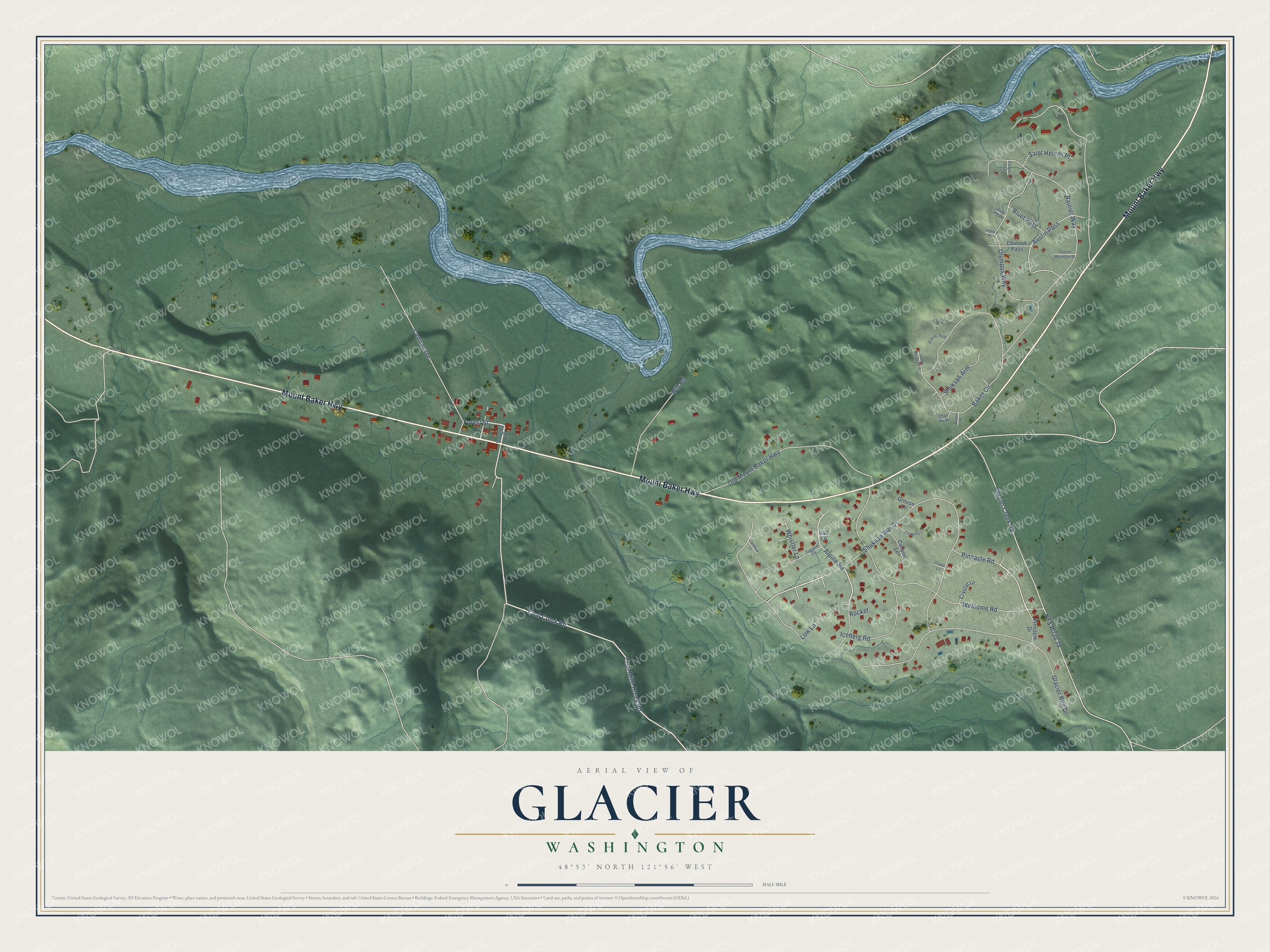 Full map of Glacier, Washington, with red buildings, printed street names and the land around them