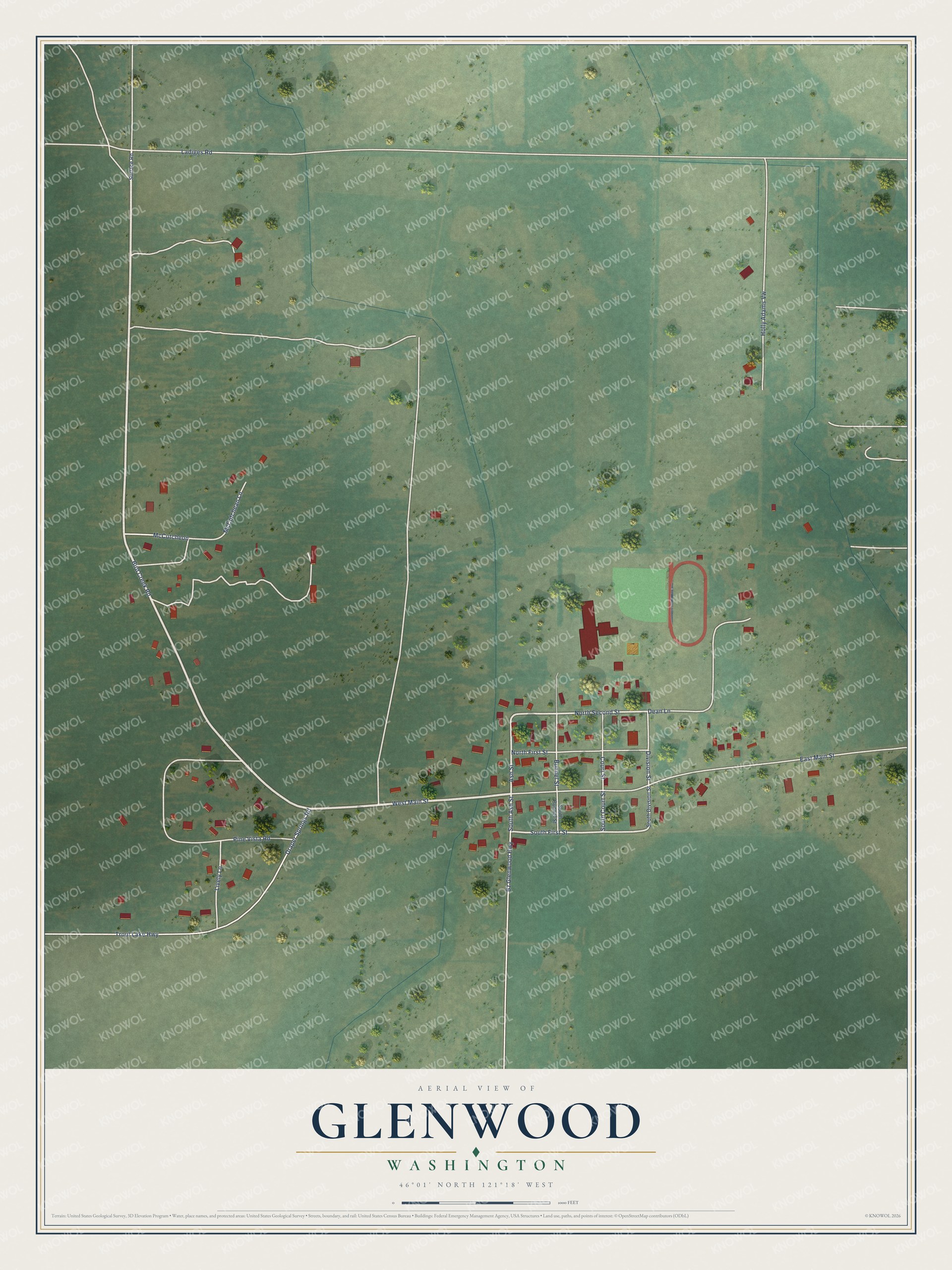 Full map of Glenwood, Washington, with red buildings, printed street names and the land around them