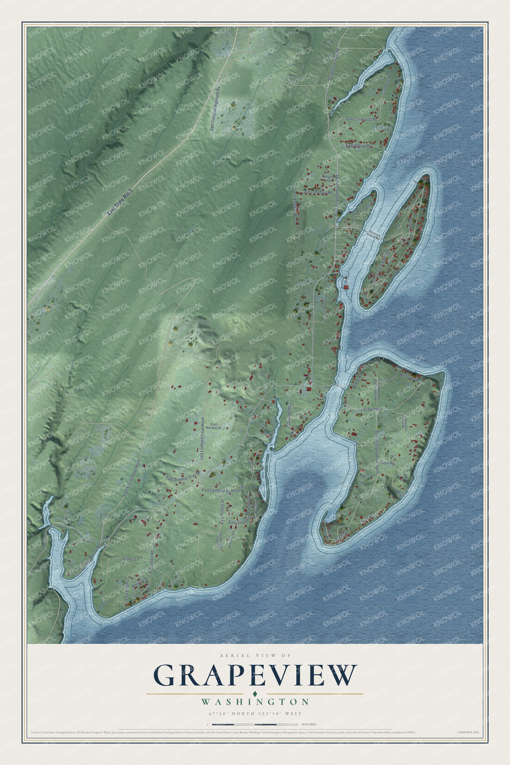 Full map of Grapeview, Washington, with red buildings, printed street names and the land around them