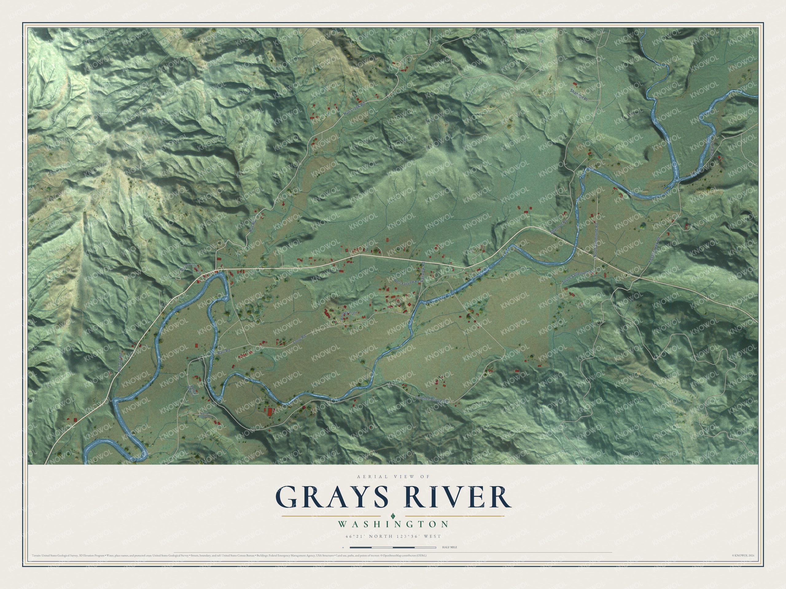 Full map of Grays River, Washington, with red buildings, printed street names and the land around them