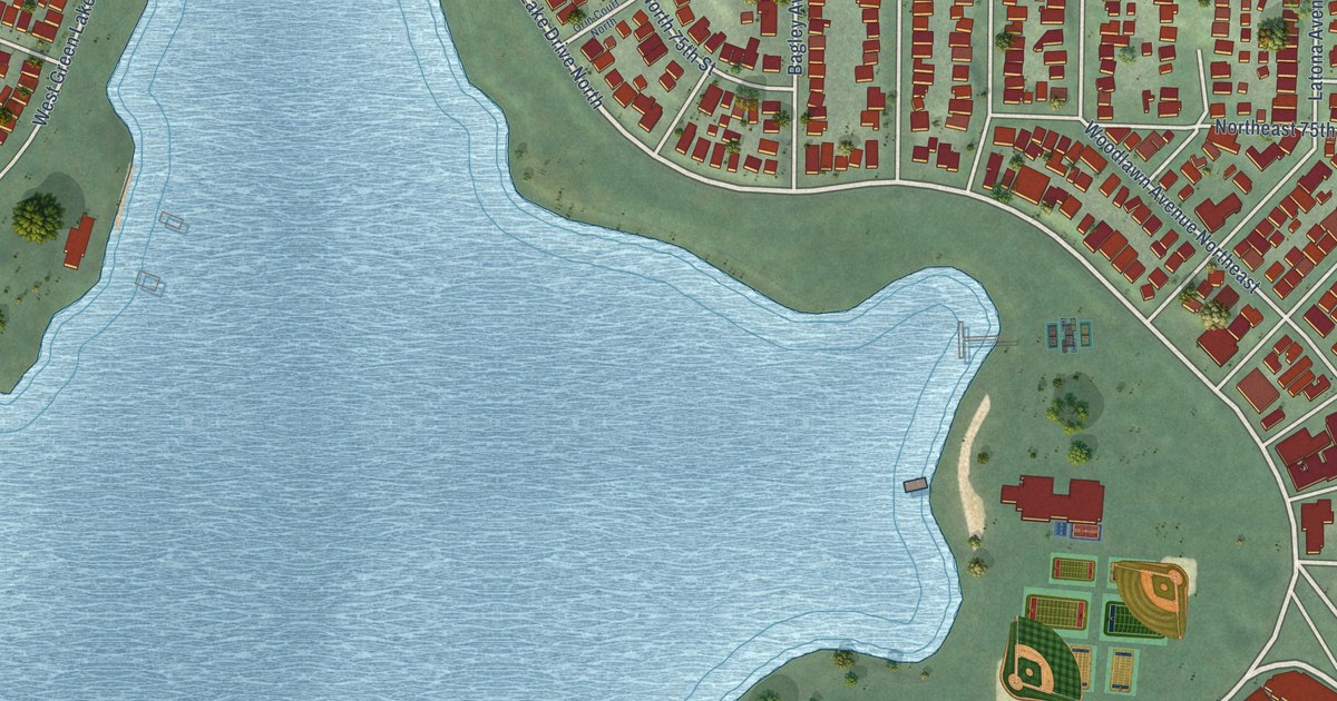 Close-up of streets and buildings in Green Lake, Washington