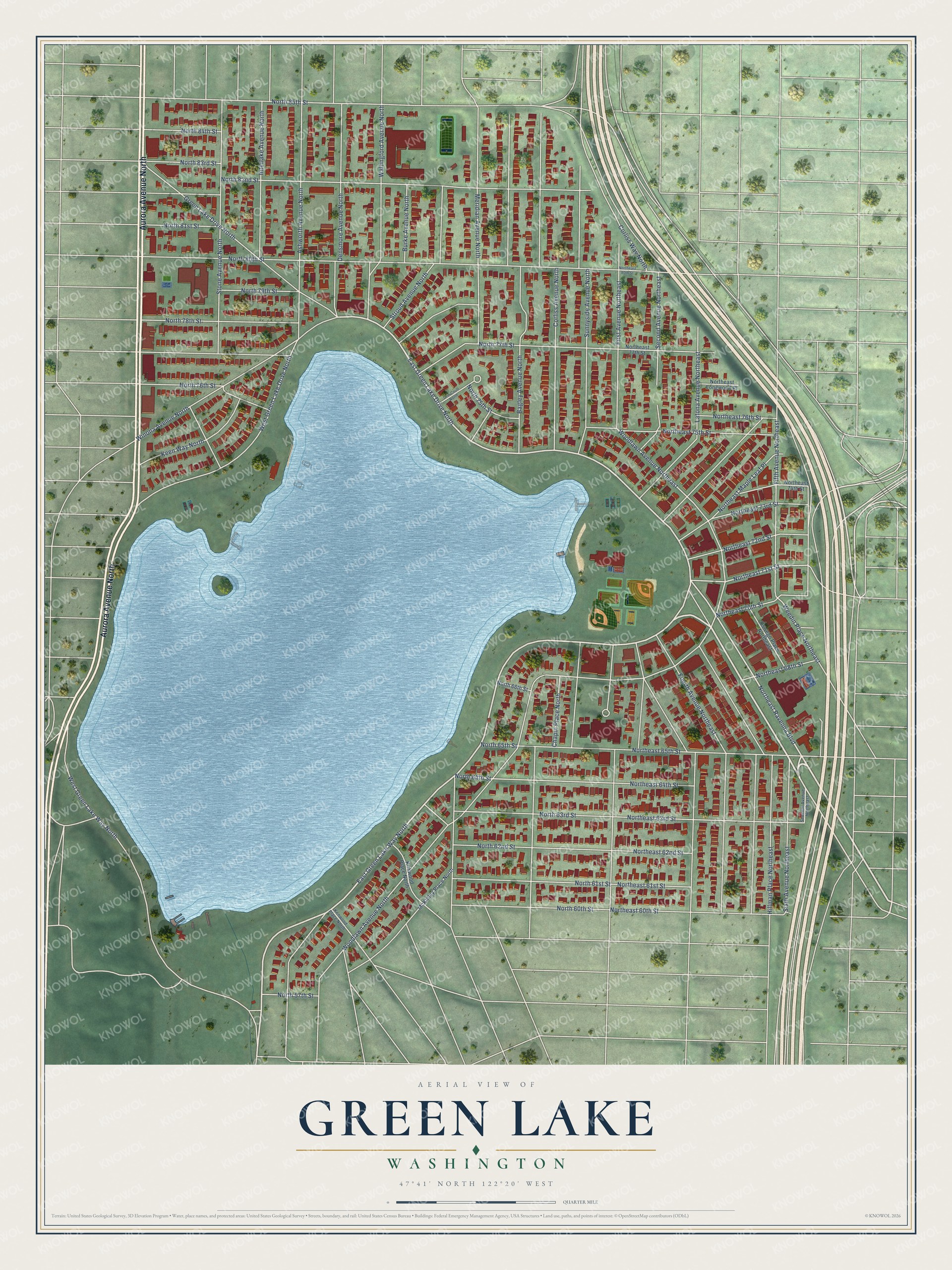 Full map of Green Lake, Washington, with red buildings, printed street names and the land around them