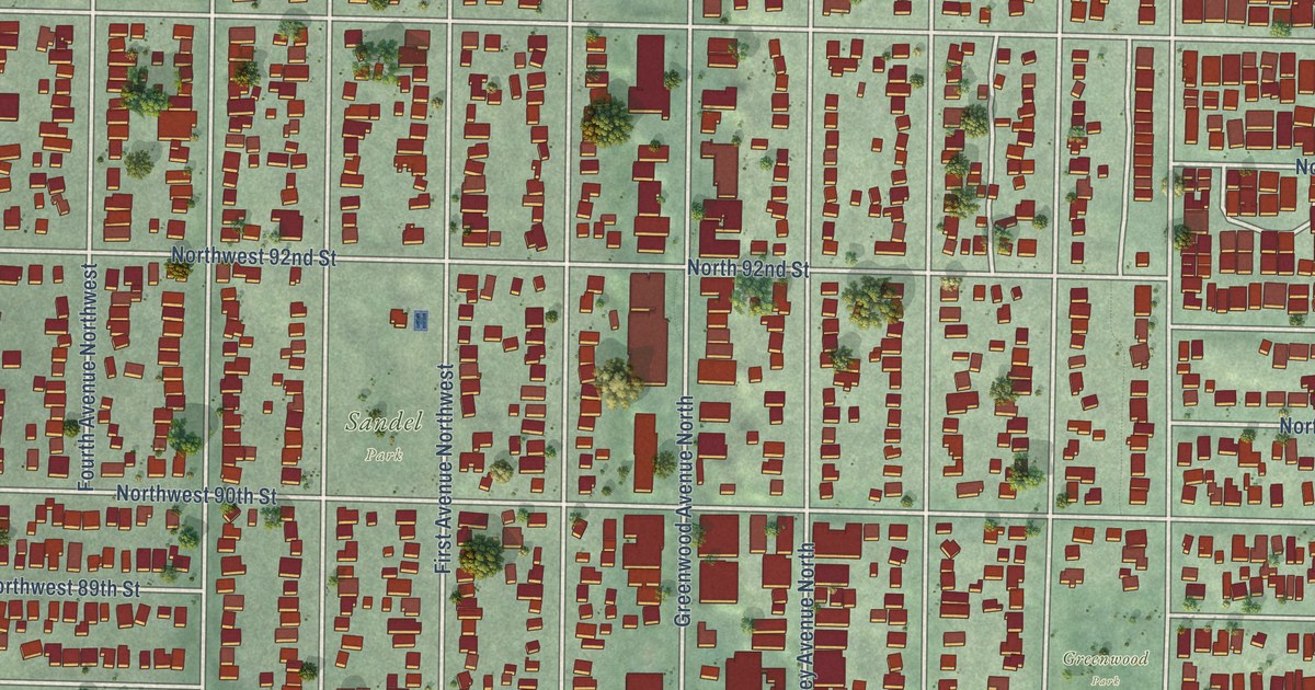 Close-up of streets and buildings in Greenwood, Washington