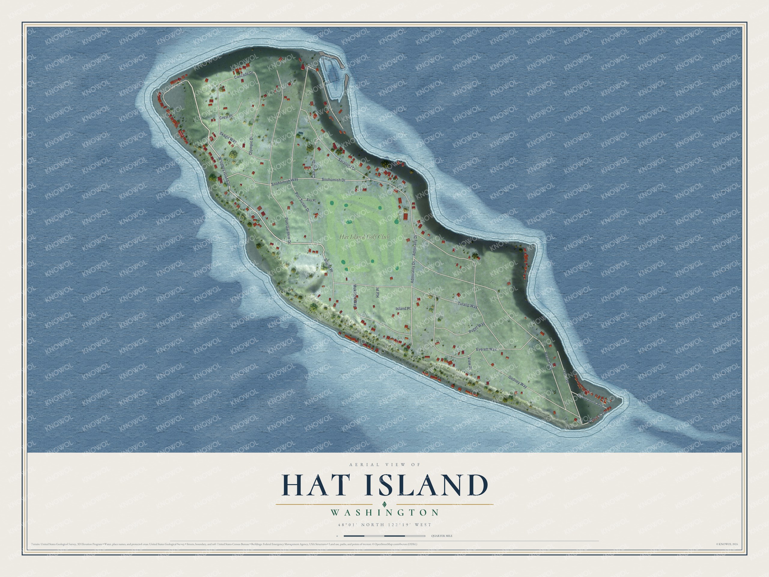 Full map of Hat Island, Washington, with red buildings, printed street names and the land around them
