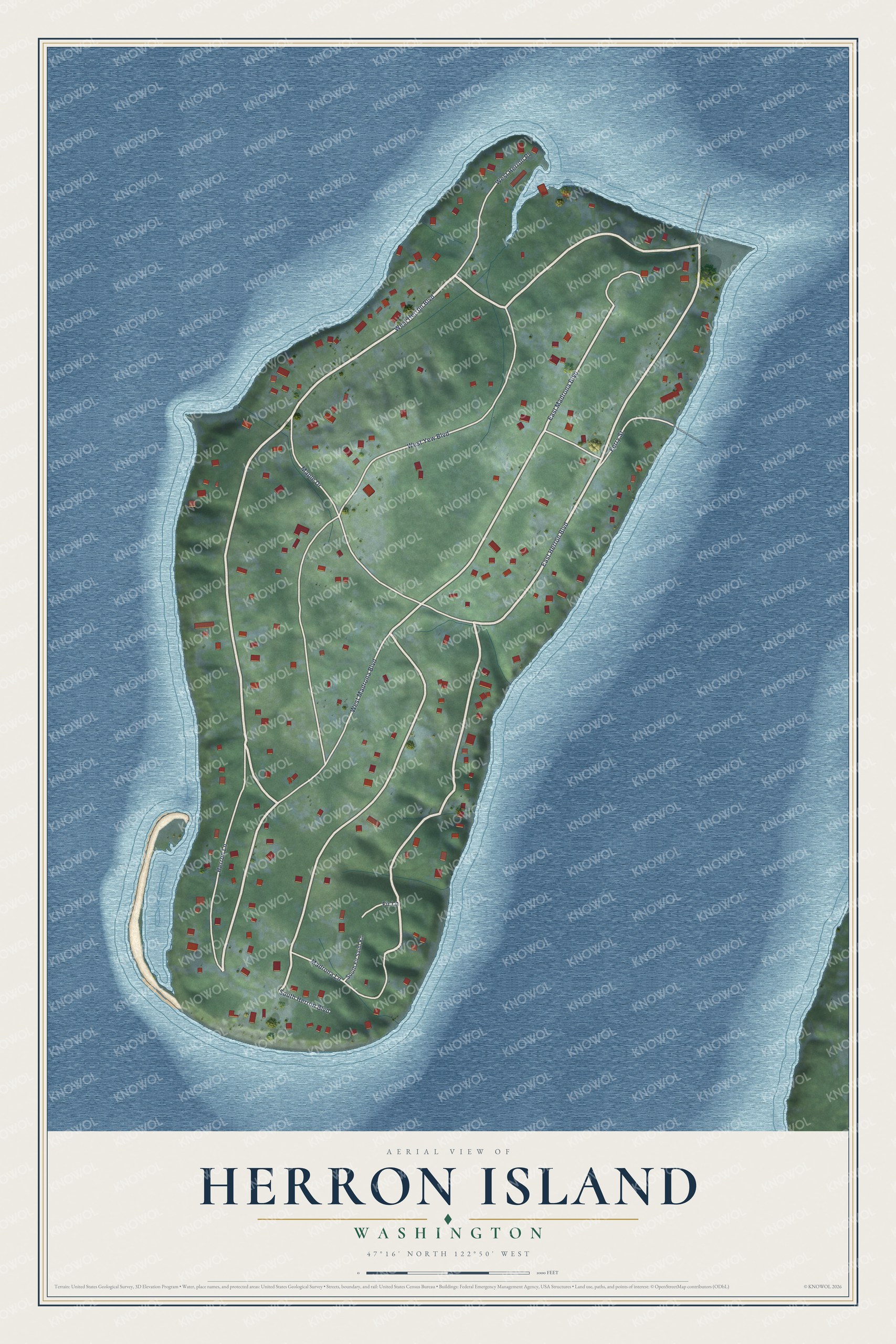 Full map of Herron Island, Washington, with red buildings, printed street names and the land around them