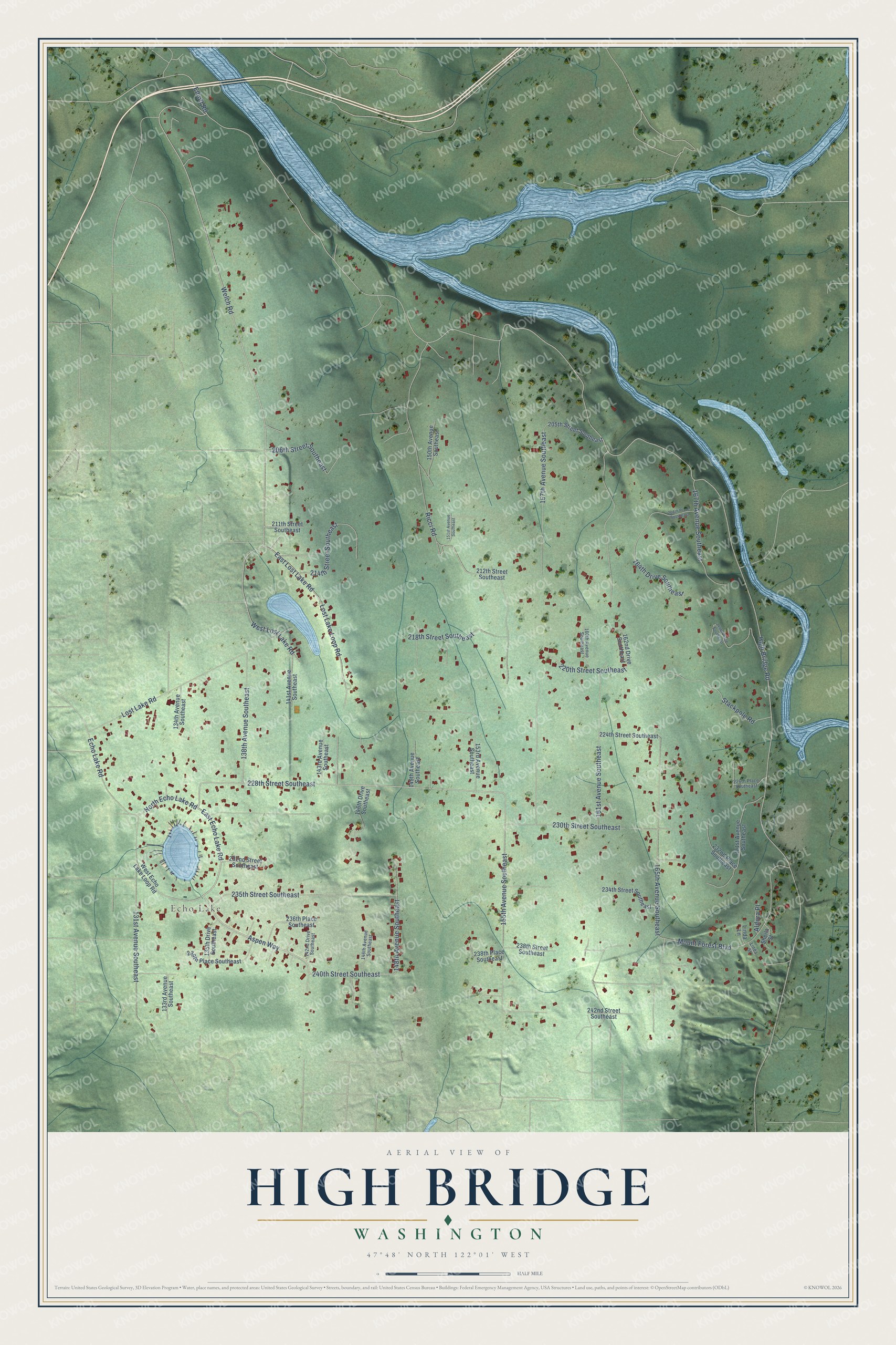 Full map of High Bridge, Washington, with red buildings, printed street names and the land around them