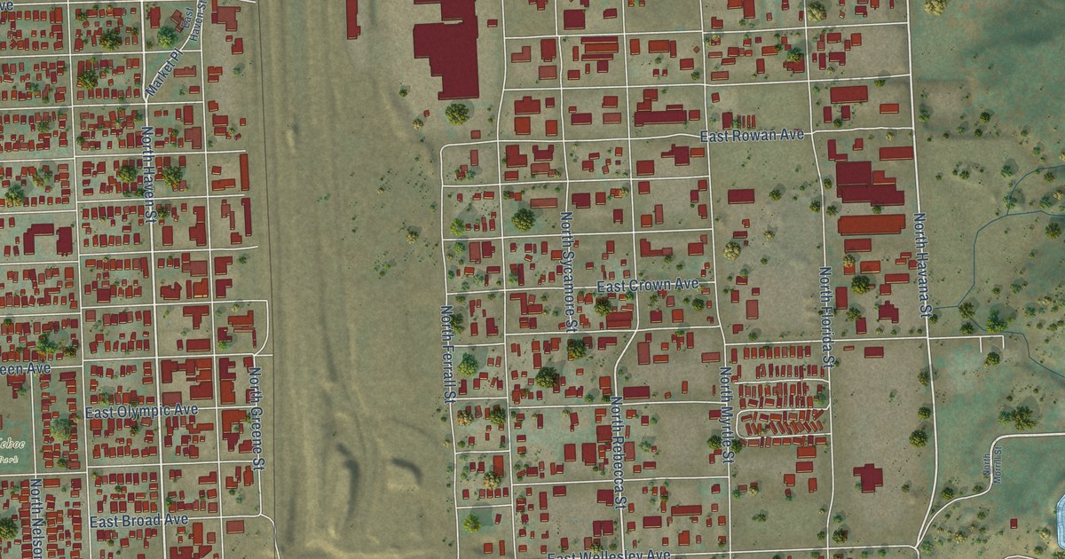 Close-up of streets and buildings in Hillyard, Washington