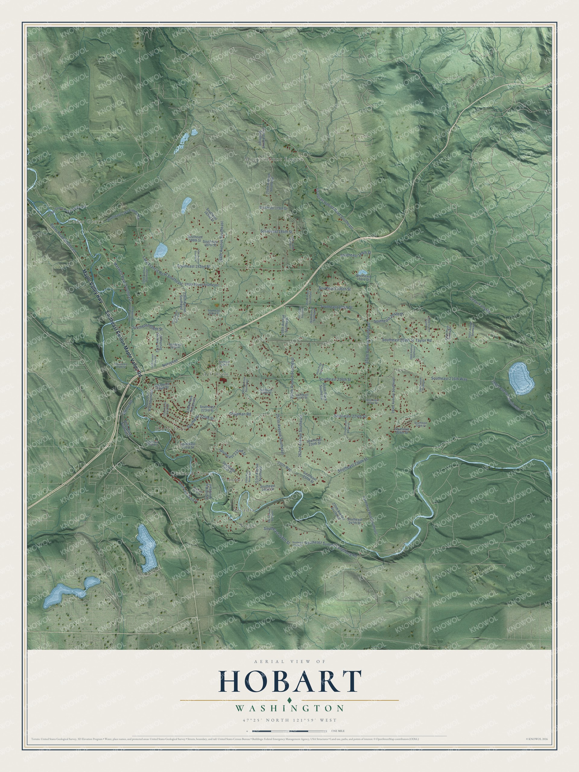 Full map of Hobart, Washington, with red buildings, printed street names and the land around them