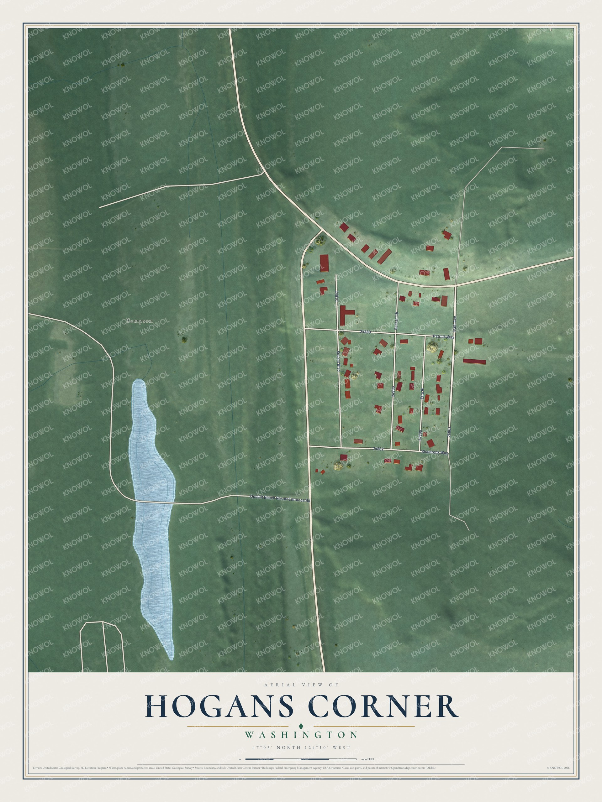 Full map of Hogans Corner, Washington, with red buildings, printed street names and the land around them