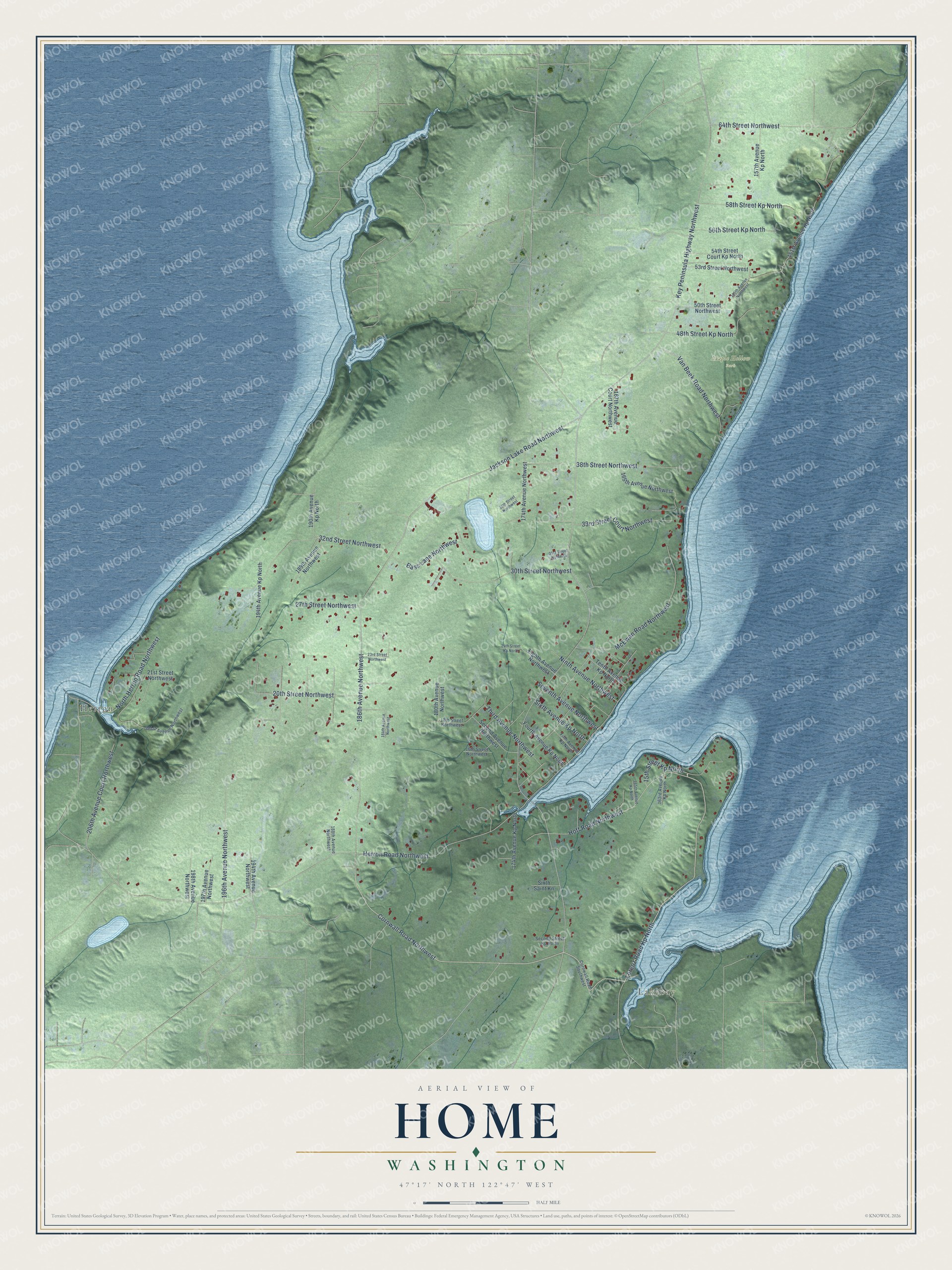 Full map of Home, Washington, with red buildings, printed street names and the land around them
