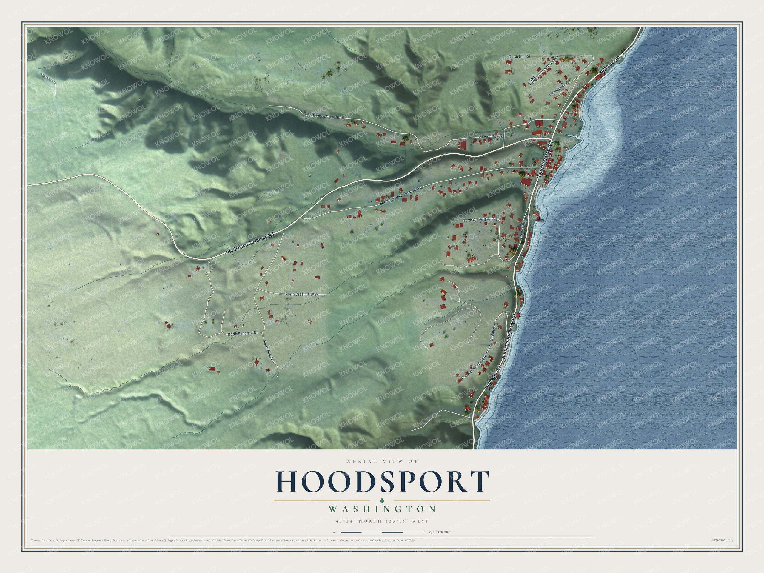 Full map of Hoodsport, Washington, with red buildings, printed street names and the land around them