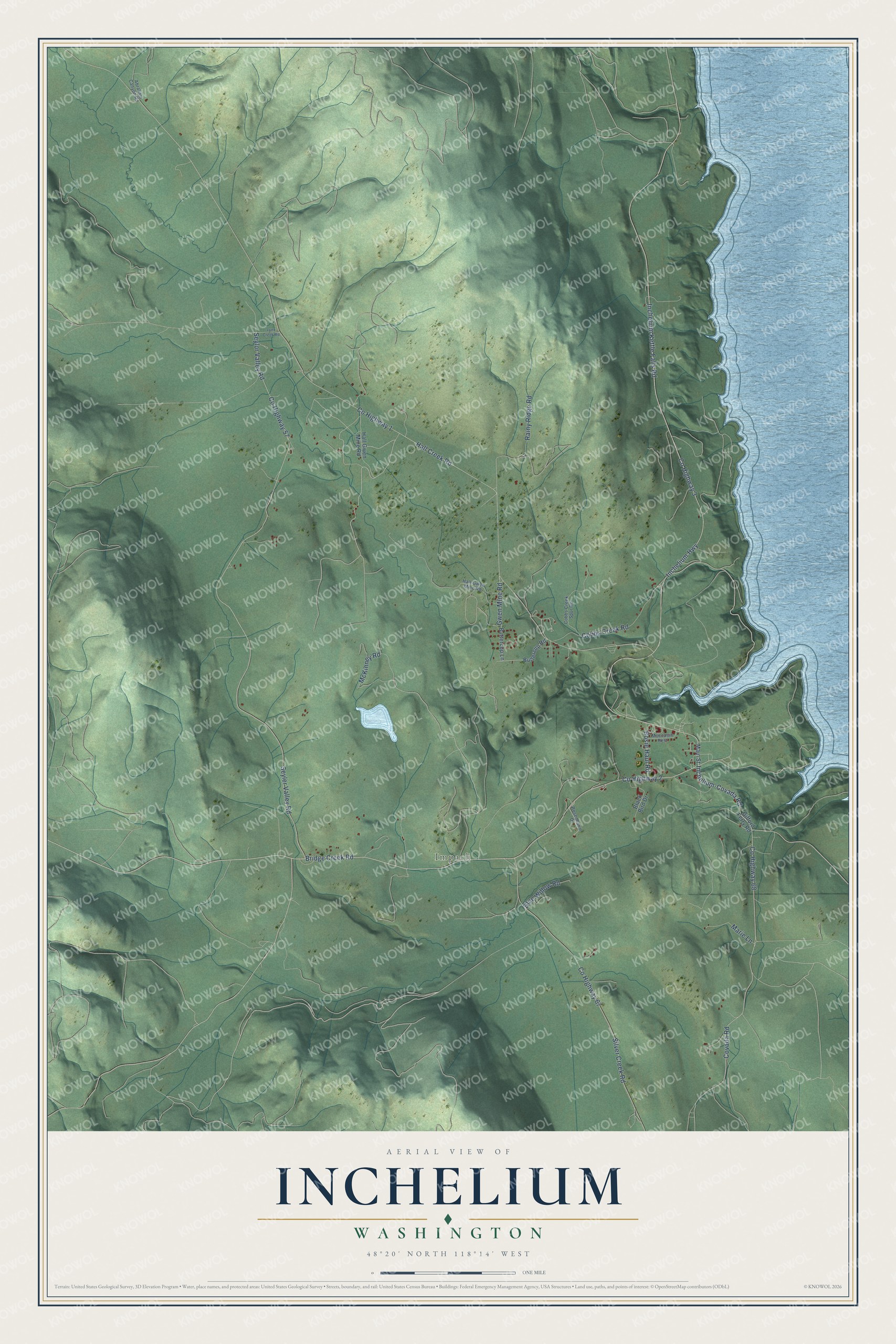 Full map of Inchelium, Washington, with red buildings, printed street names and the land around them