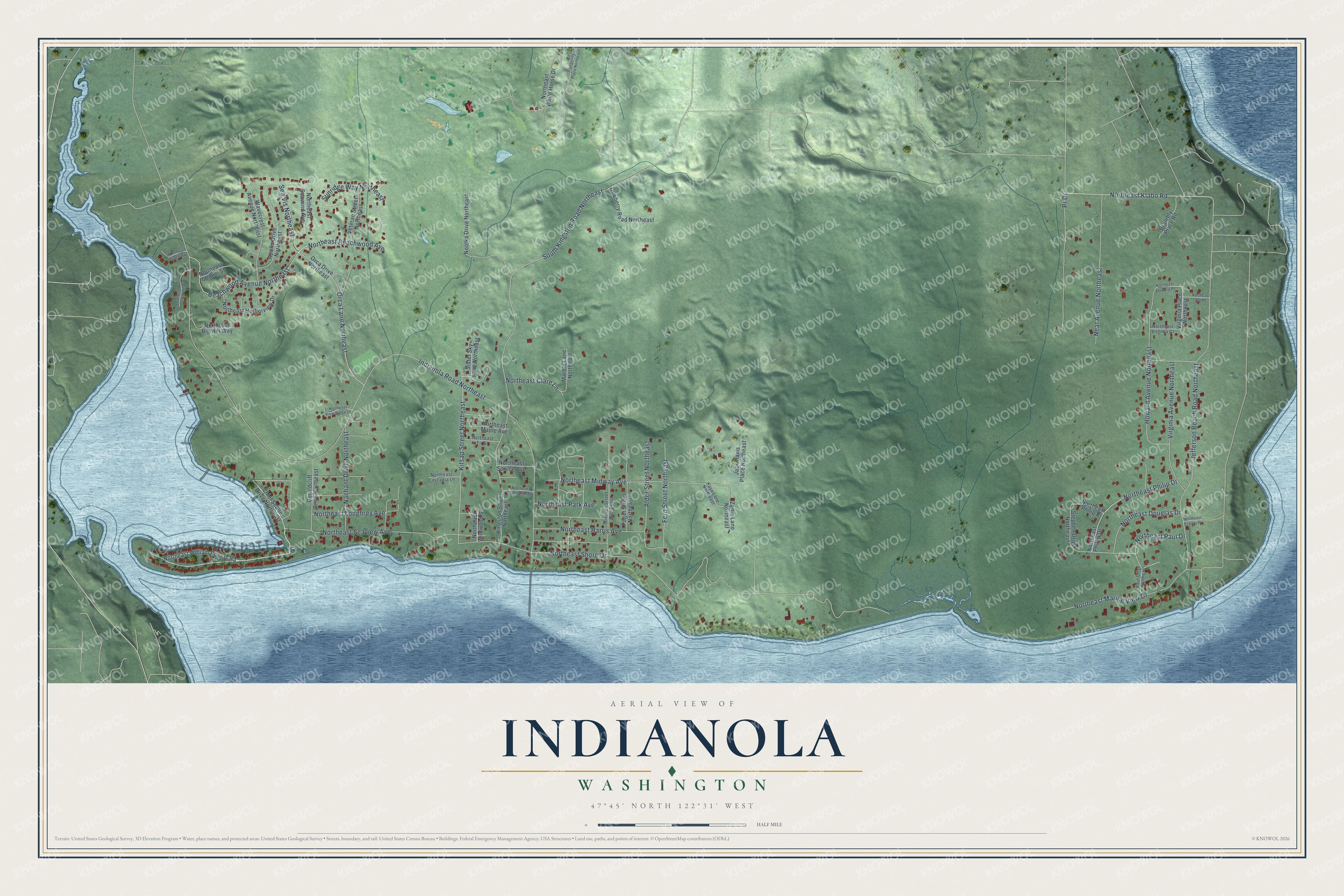 Full map of Indianola, Washington, with red buildings, printed street names and the land around them