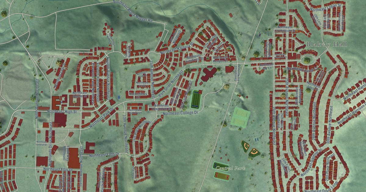 Close-up of streets and buildings in Issaquah Highlands, Washington