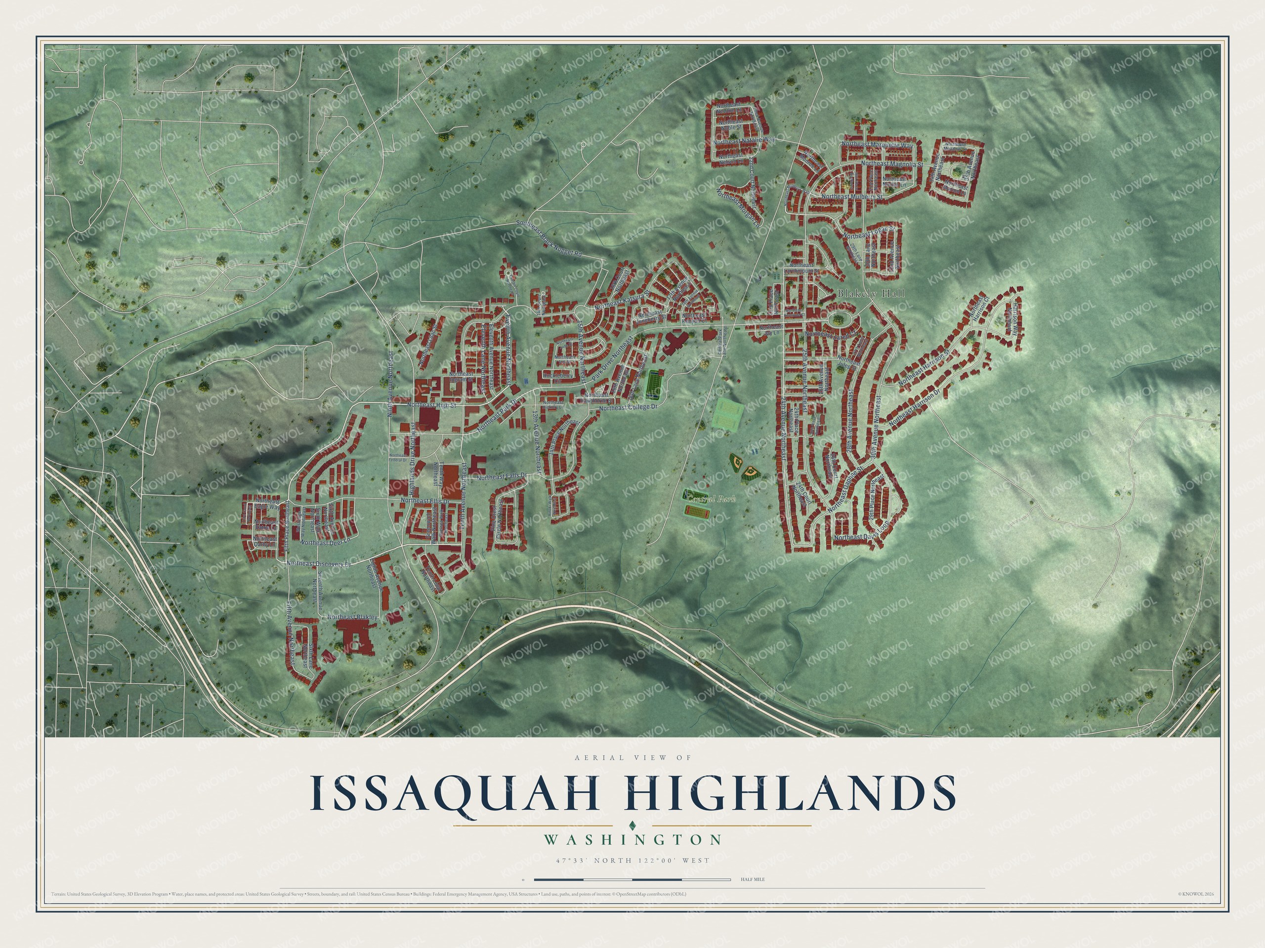 Full map of Issaquah Highlands, Washington, with red buildings, printed street names and the land around them