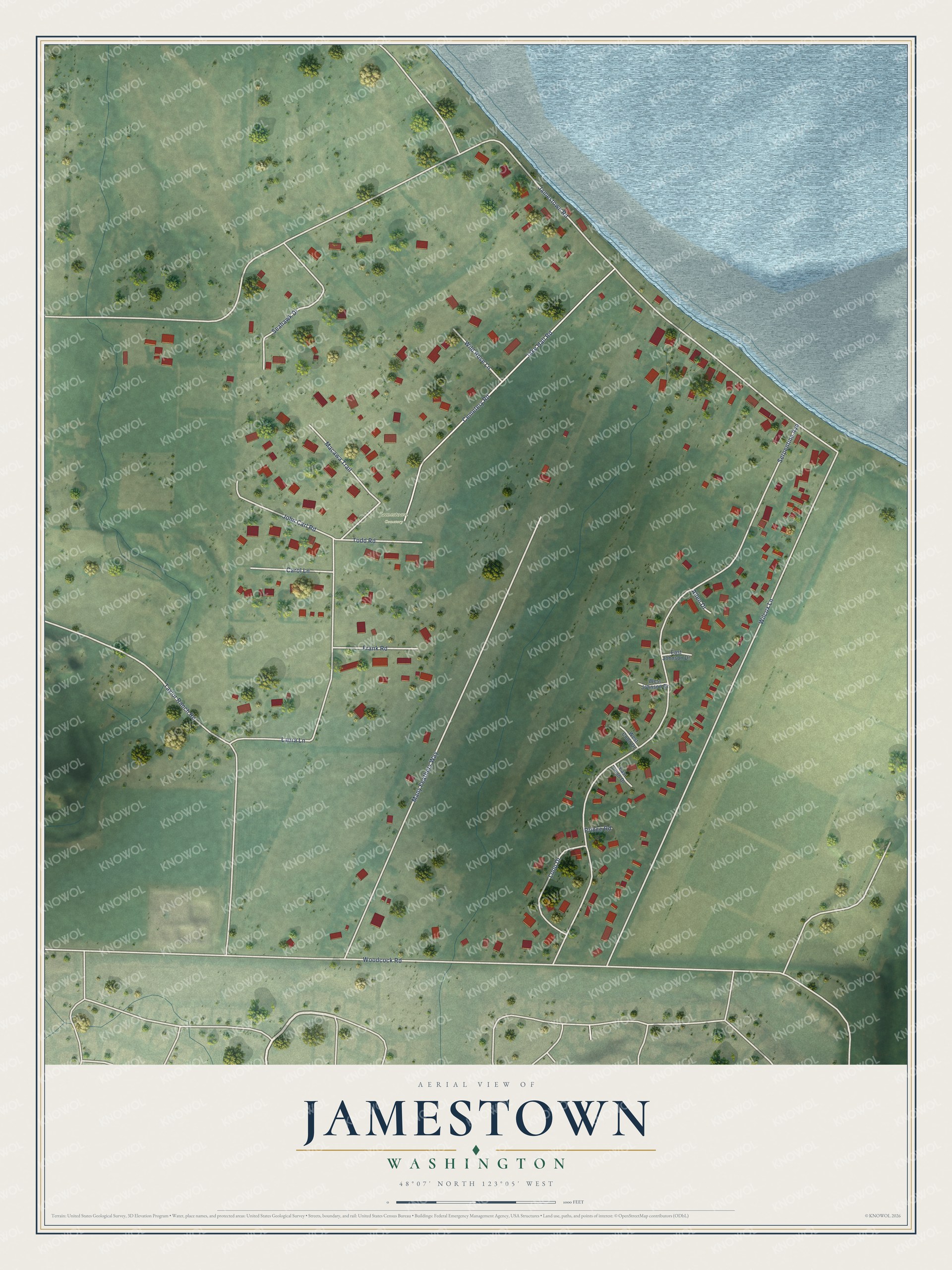 Full map of Jamestown, Washington, with red buildings, printed street names and the land around them
