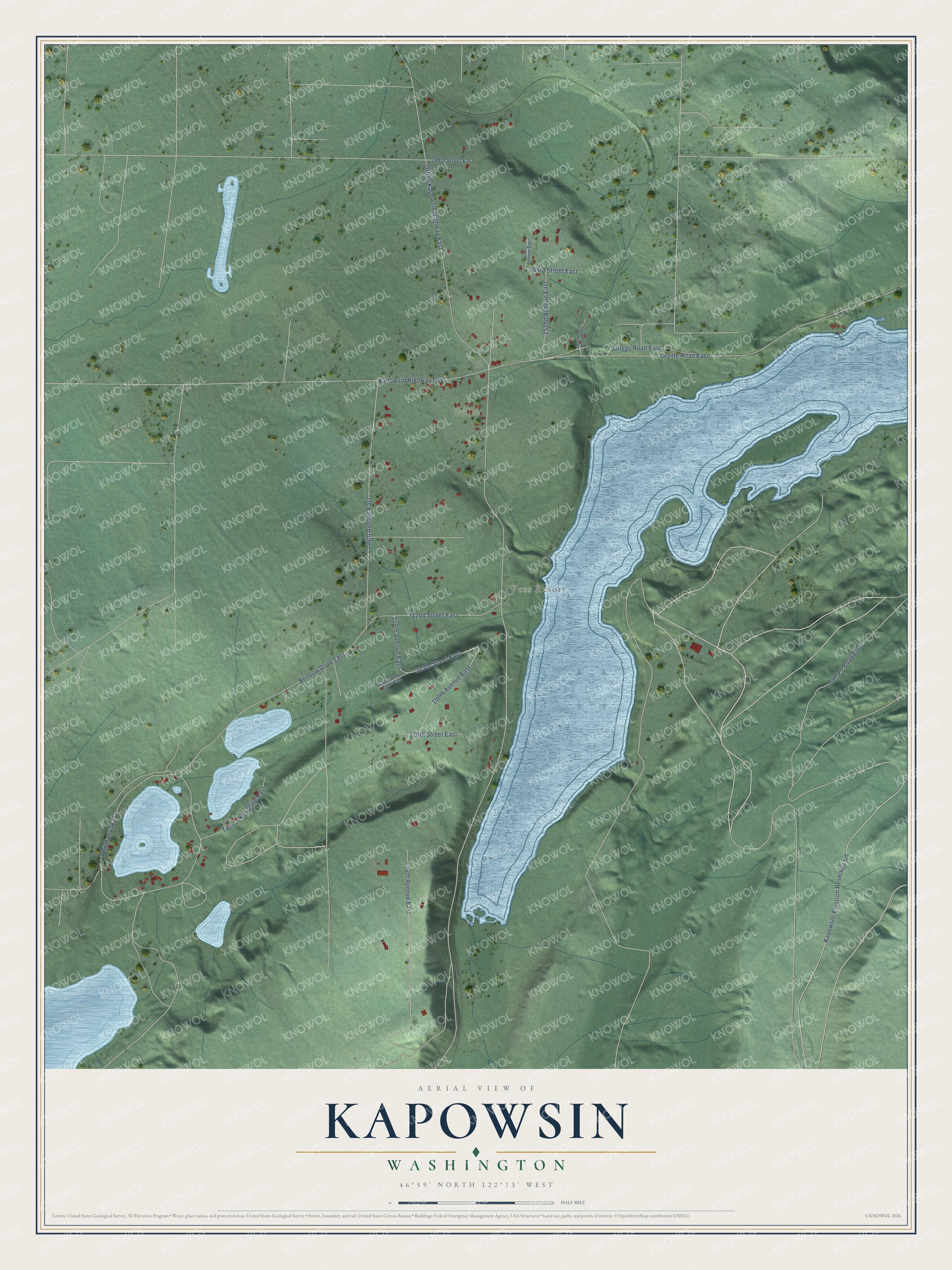 Full map of Kapowsin, Washington, with red buildings, printed street names and the land around them