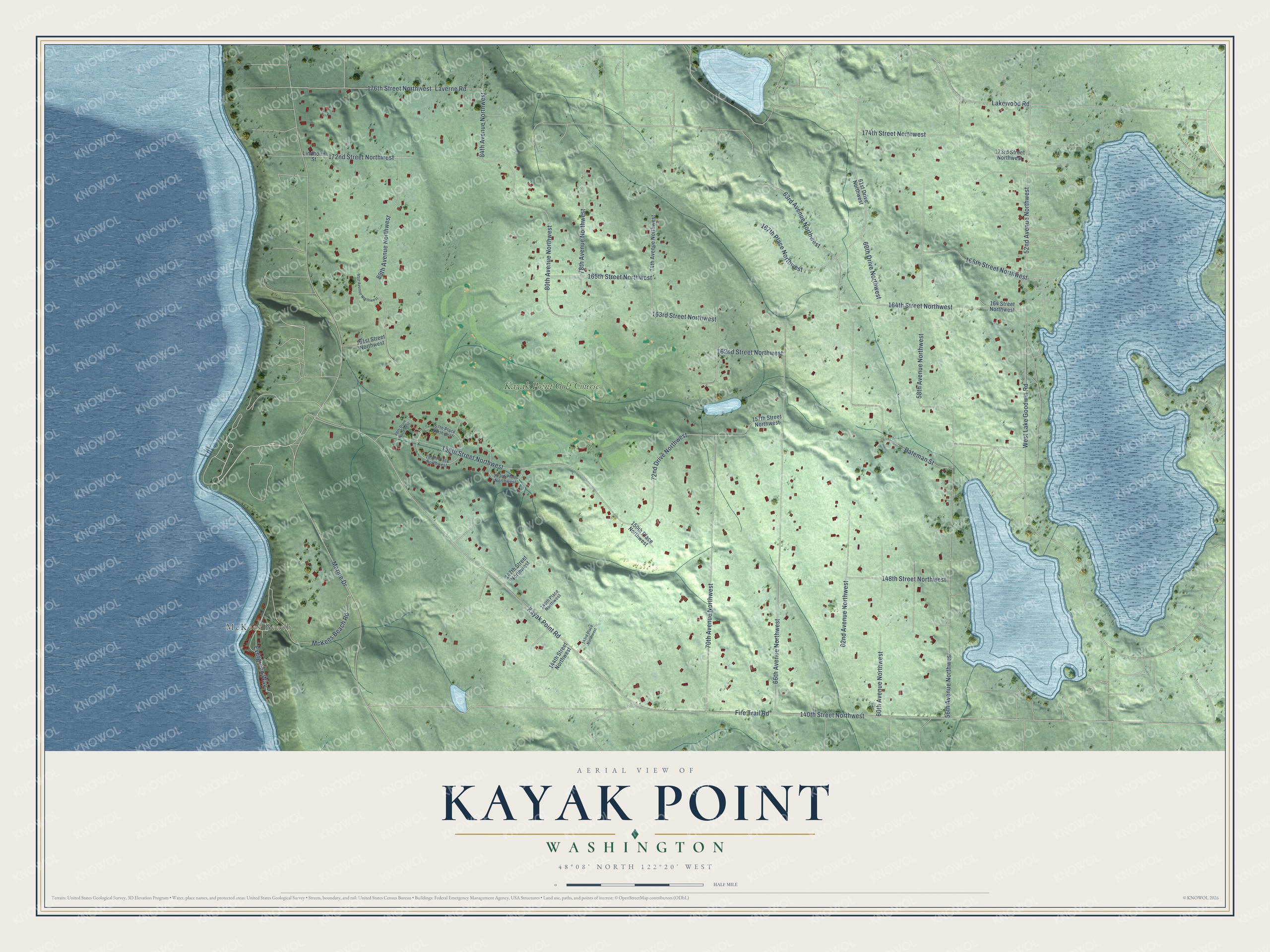 Full map of Kayak Point, Washington, with red buildings, printed street names and the land around them