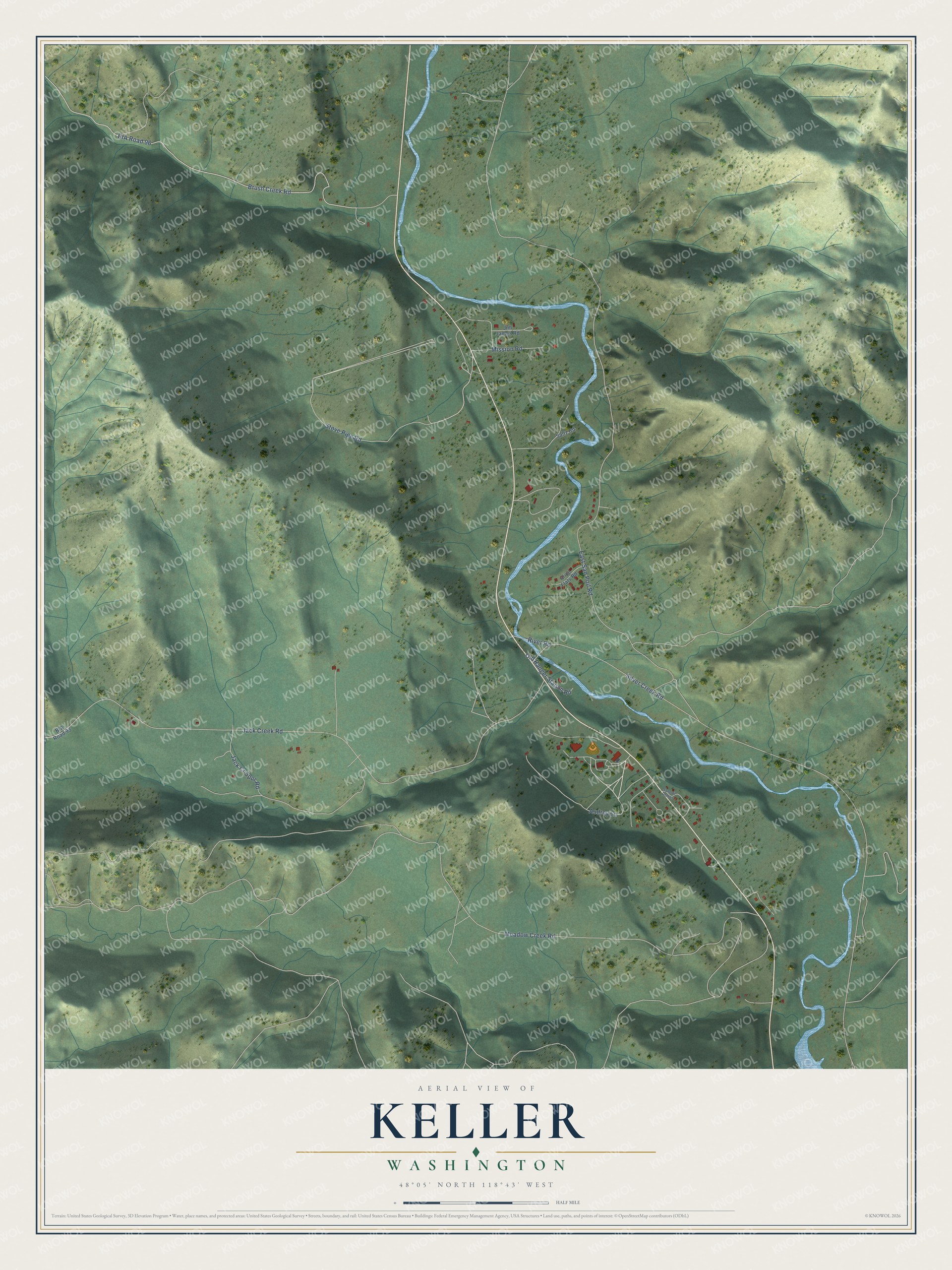 Full map of Keller, Washington, with red buildings, printed street names and the land around them