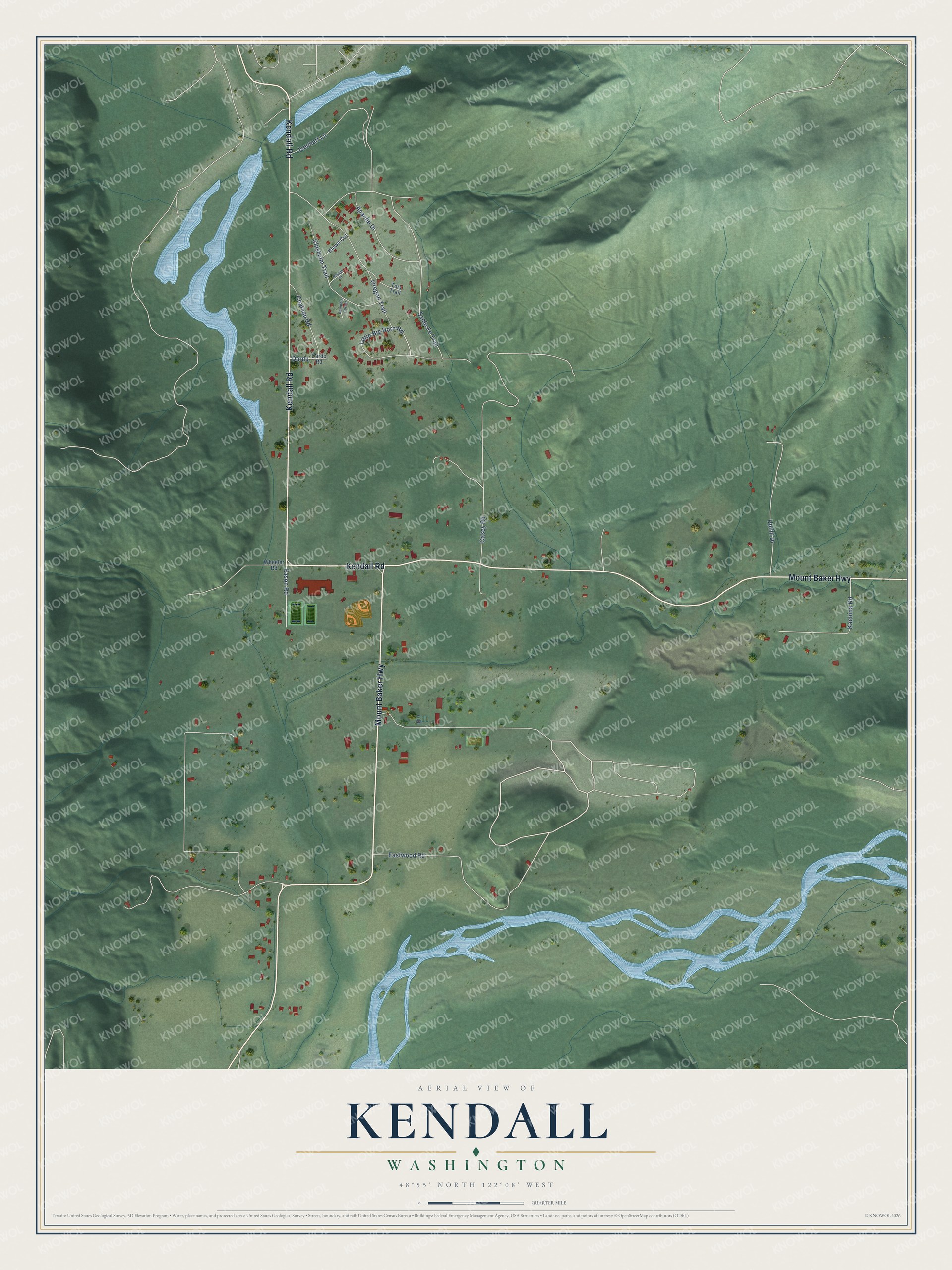 Full map of Kendall, Washington, with red buildings, printed street names and the land around them