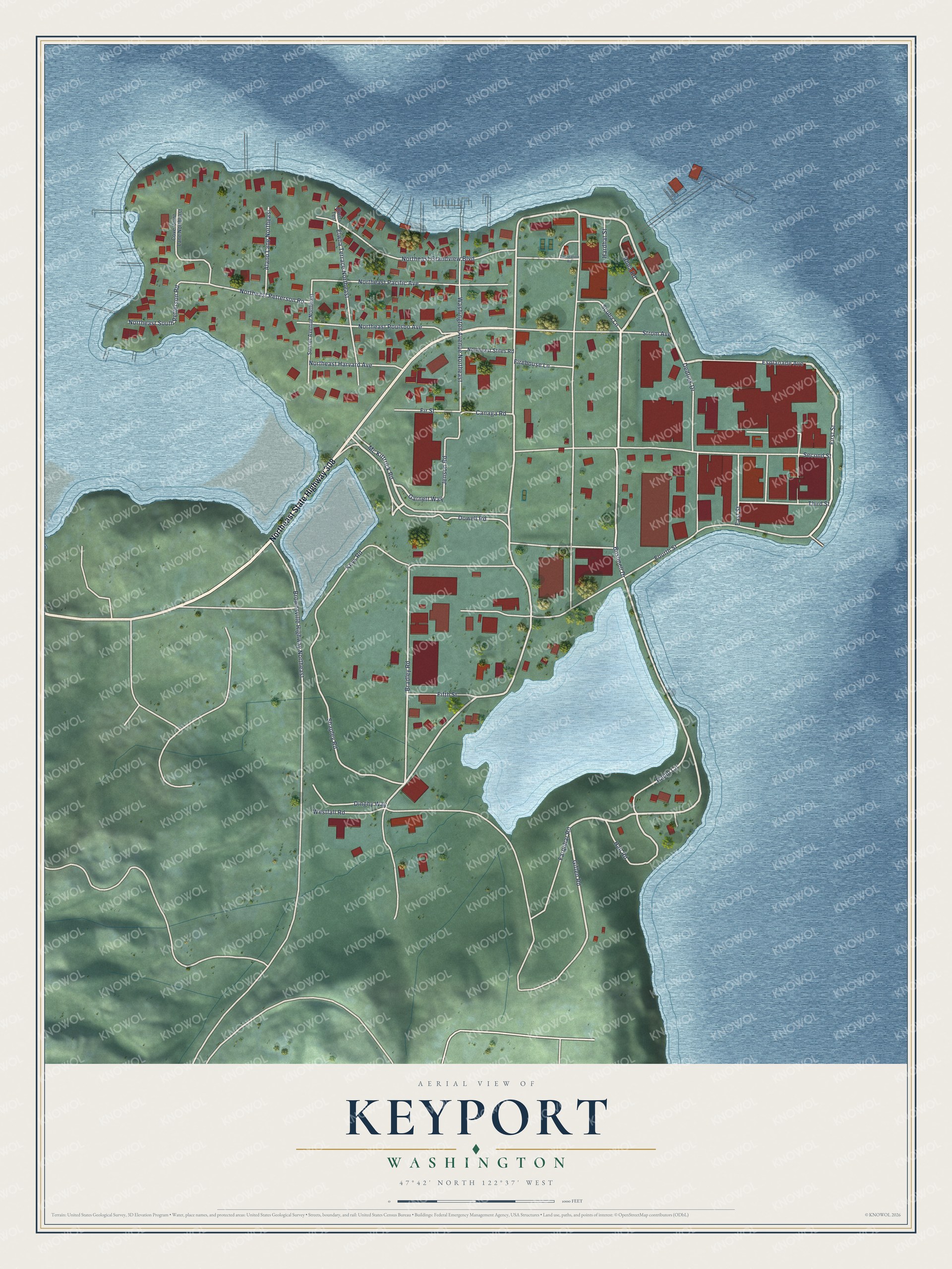 Full map of Keyport, Washington, with red buildings, printed street names and the land around them
