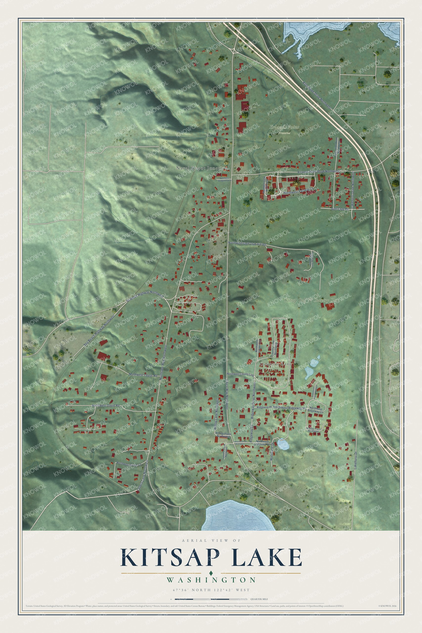 Full map of Kitsap Lake, Washington, with red buildings, printed street names and the land around them