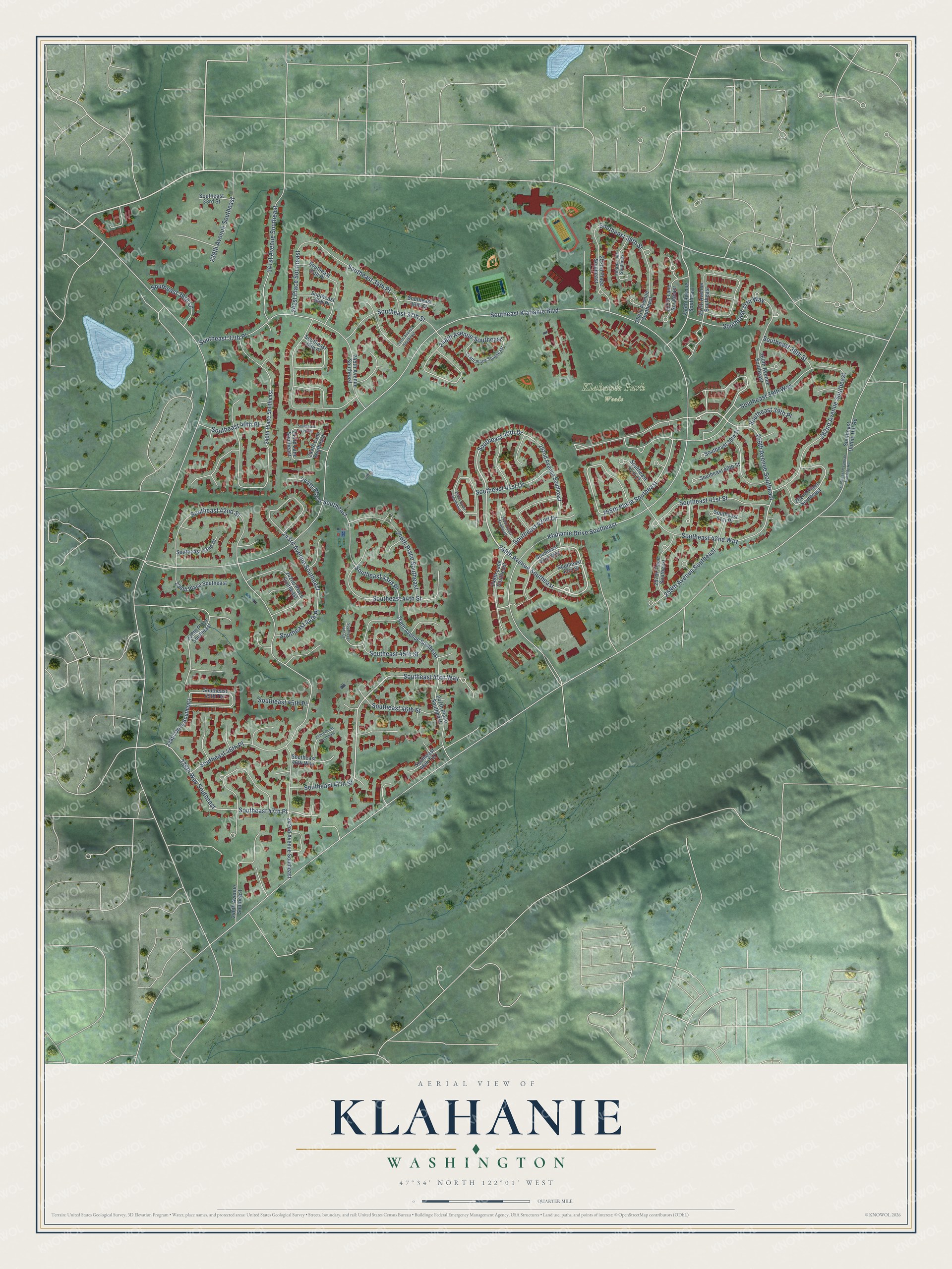 Full map of Klahanie, Washington, with red buildings, printed street names and the land around them