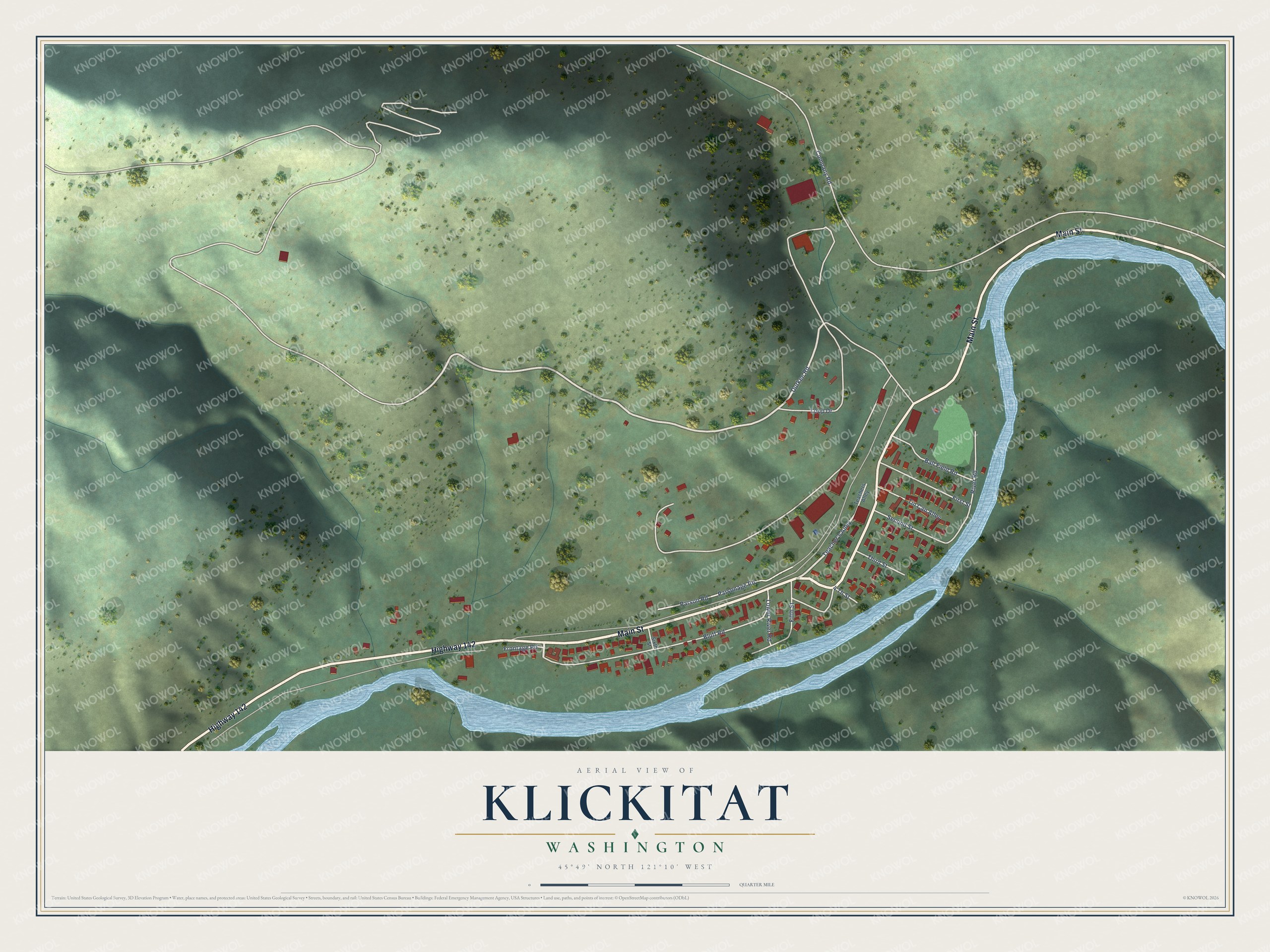 Full map of Klickitat, Washington, with red buildings, printed street names and the land around them