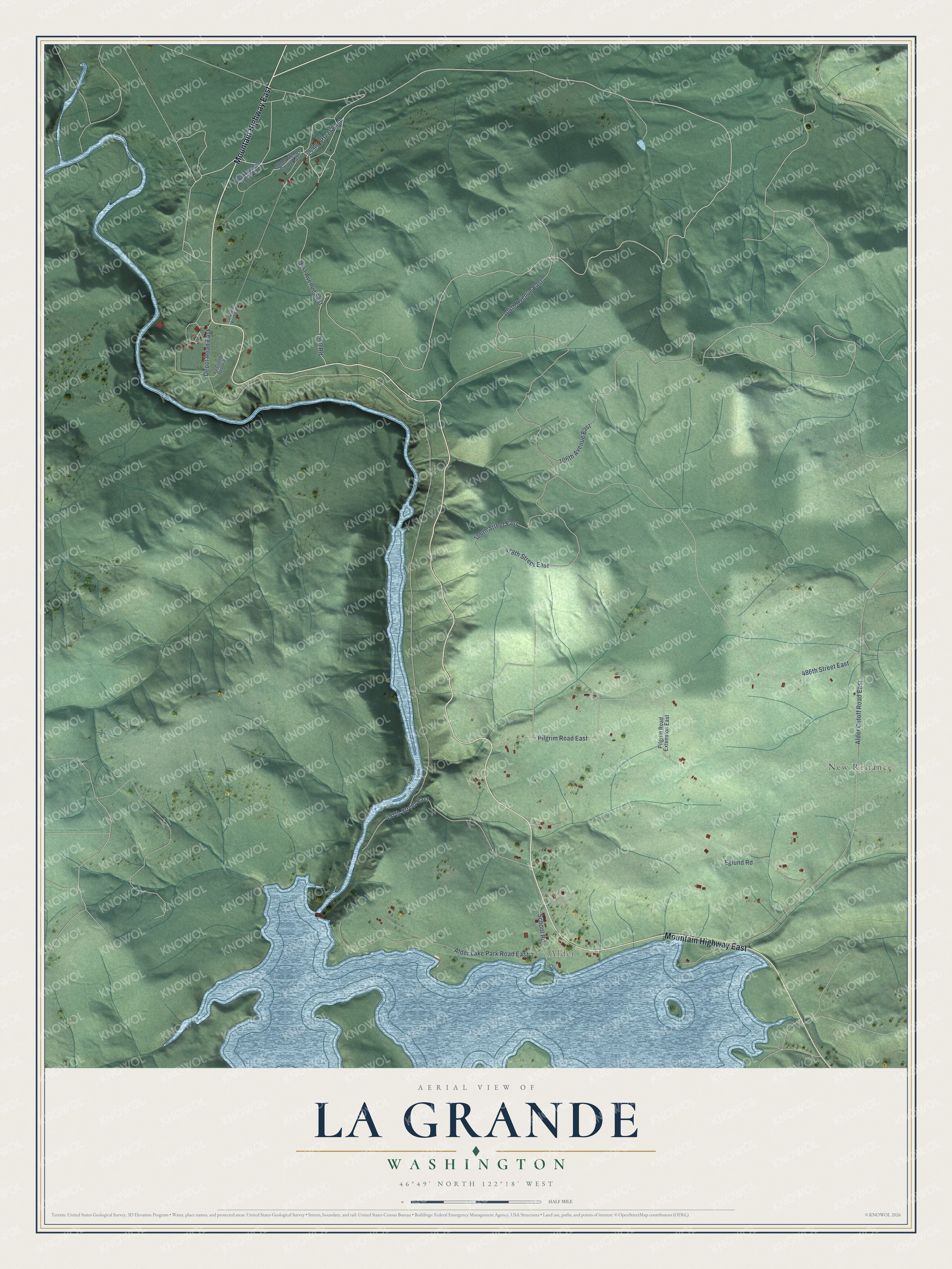 Full map of La Grande, Washington, with red buildings, printed street names and the land around them