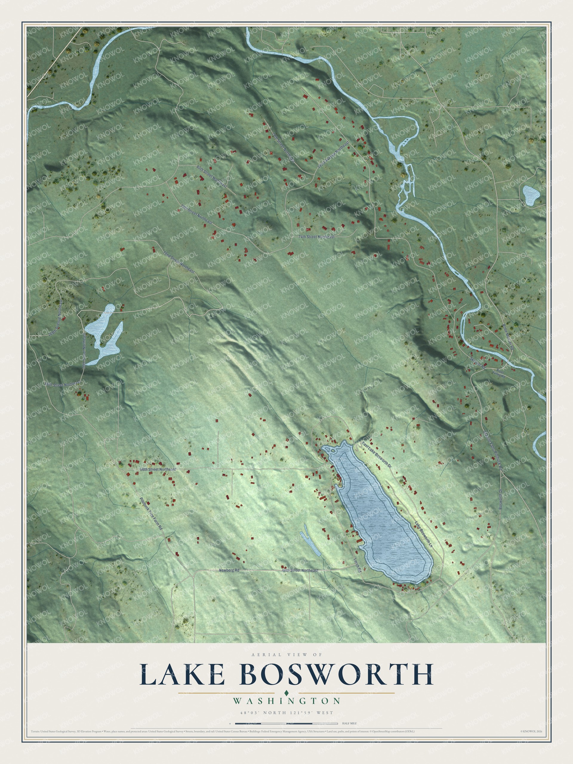 Full map of Lake Bosworth, Washington, with red buildings, printed street names and the land around them